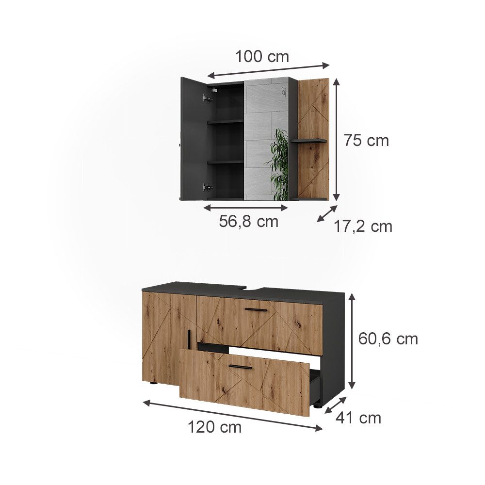 Vicco Badmöbel-Set Irma, Anthrazit/Artisan, 2 Teile, günstig online kaufen
