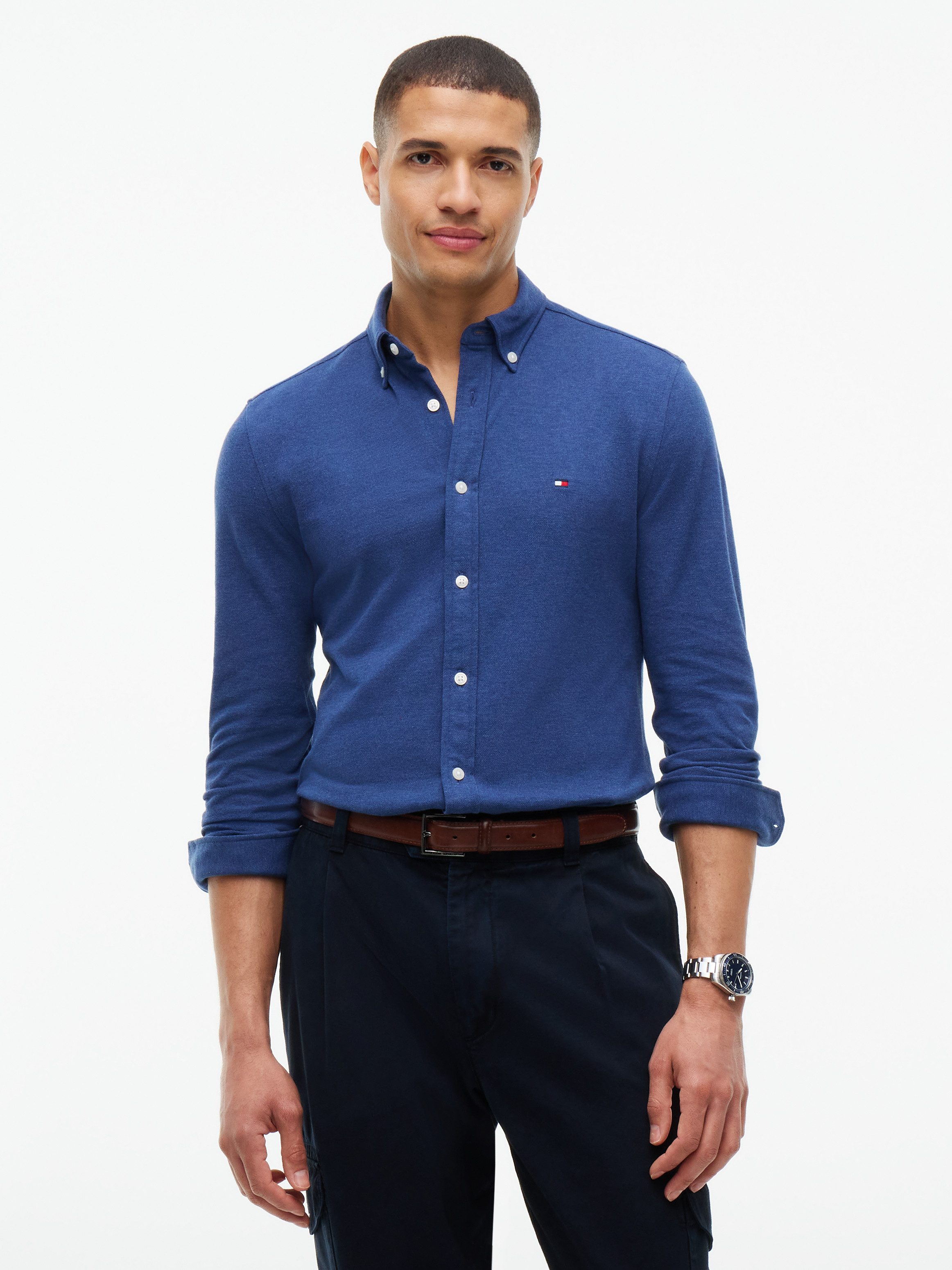 Tommy Hilfiger Langarmhemd KNITTED SHIRT Button-down-Kragen, Slim Fit, Jersey-Qualität