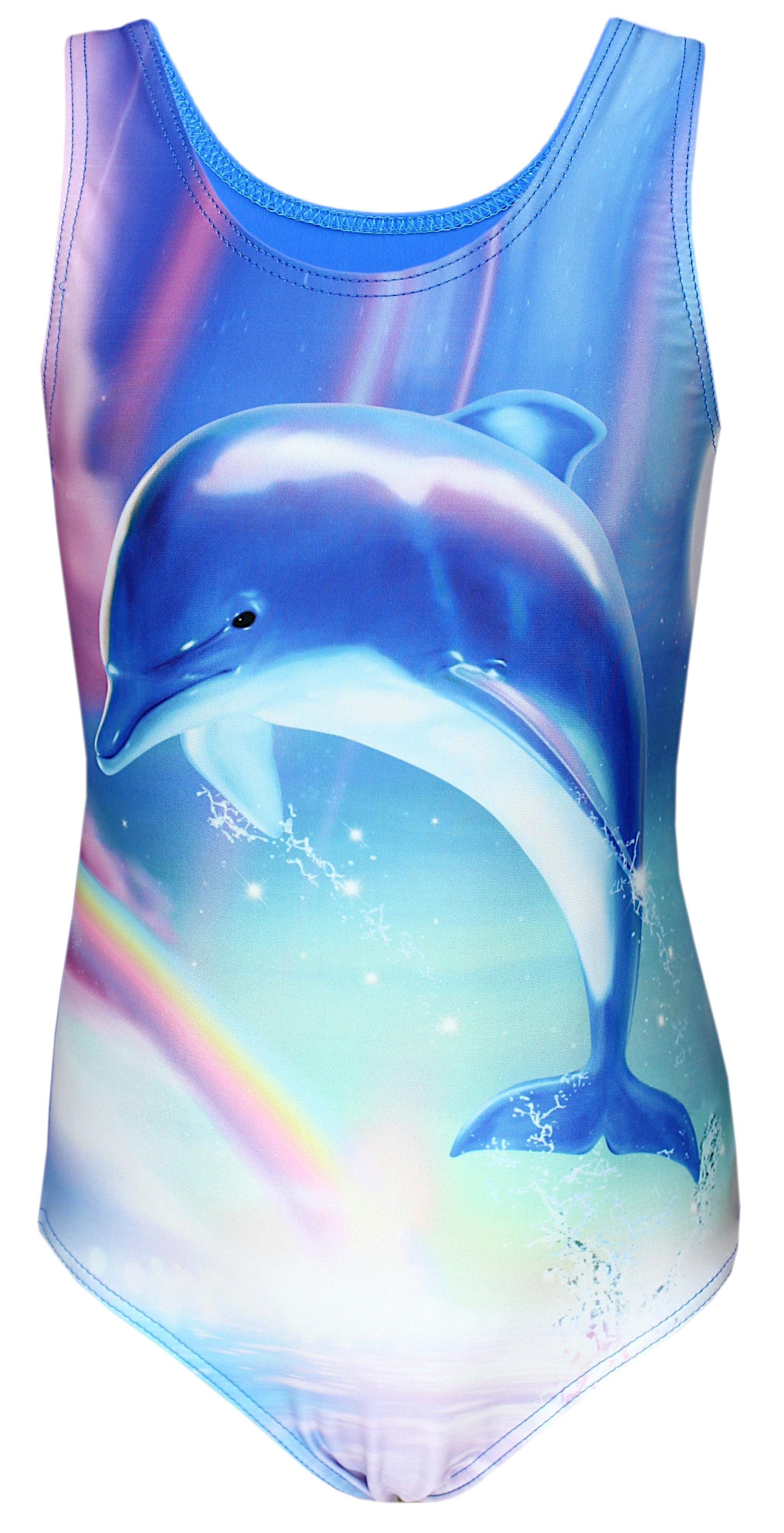 Aquarti Badeanzug Aquarti Mädchen Badeanzug mit Ringerrücken Print Delphin / Regenbogen / Blau / Rosa