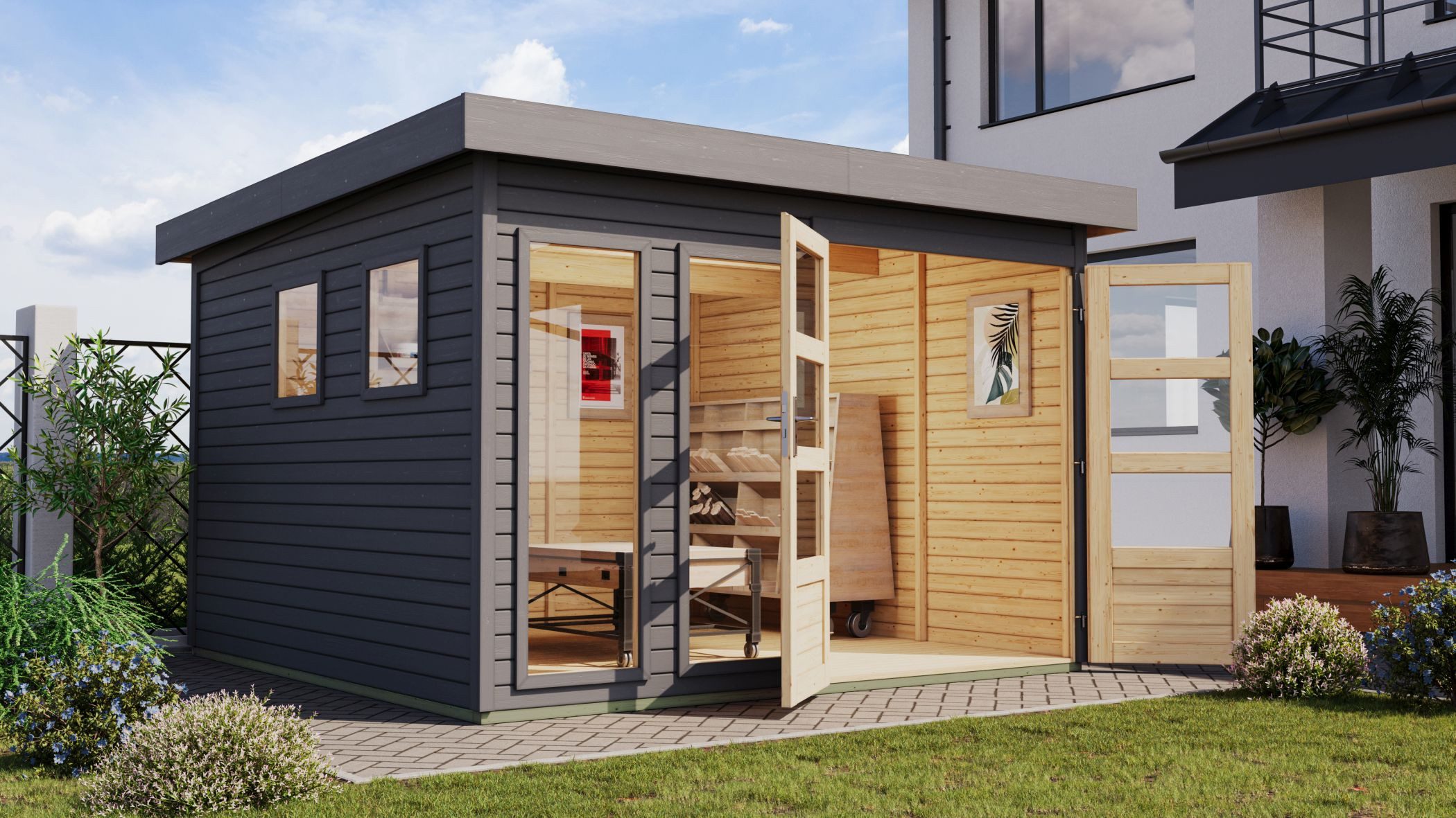 Karibu Gartenhaus Gartenhaus Pentus mit Flachdach, großen Fenstern, Doppelflügeltür, BxT: 302x302 cm, (1 Stück, Gartenhaus Pentus 6 terragrau), extra große Fenster & Doppelflügeltür