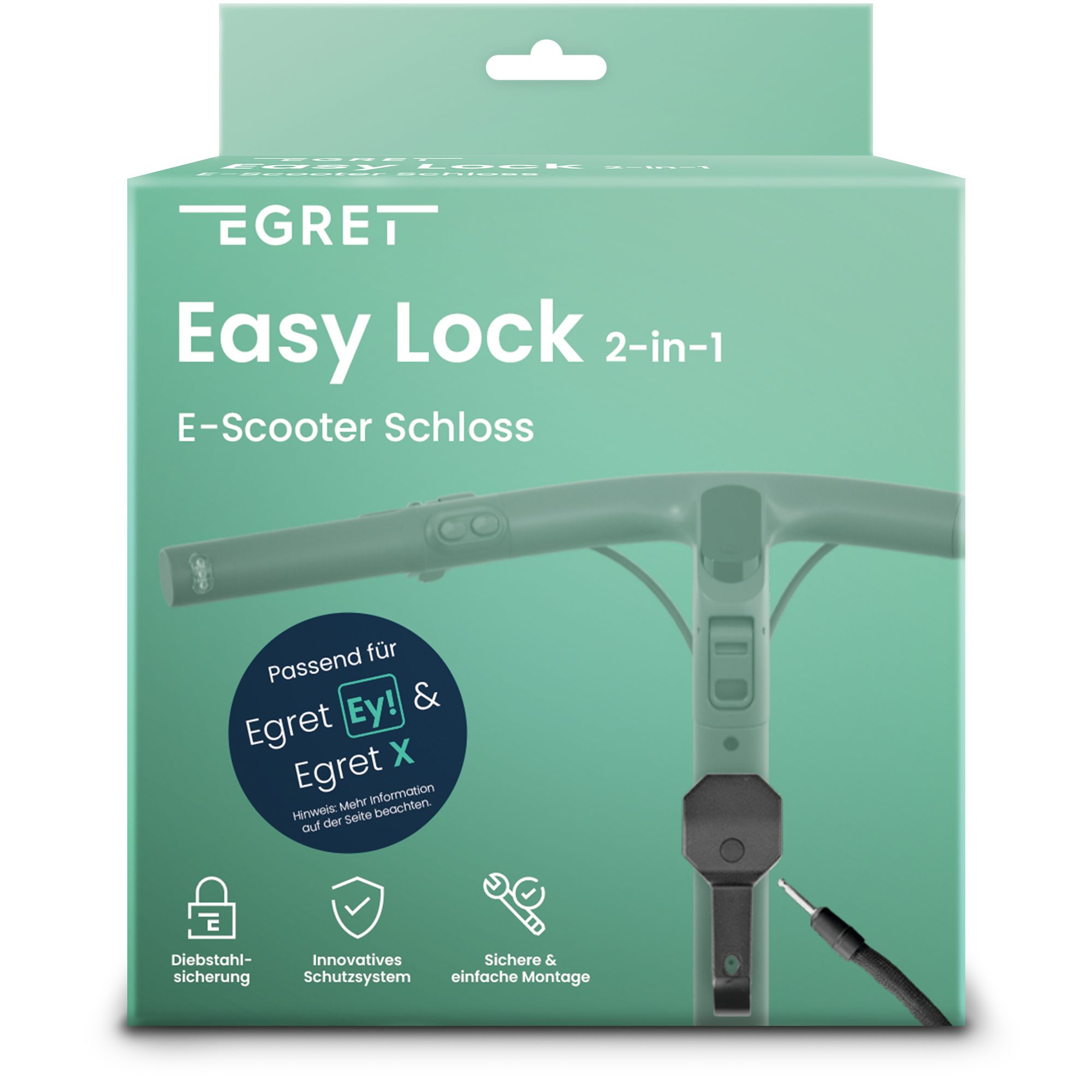 Egret Rahmenschloss Easy Lock (Packung, 1-tlg., mit Egret mate by tex-lock kombinierbar), Transporthaken, kratzhemmende Oberfläche