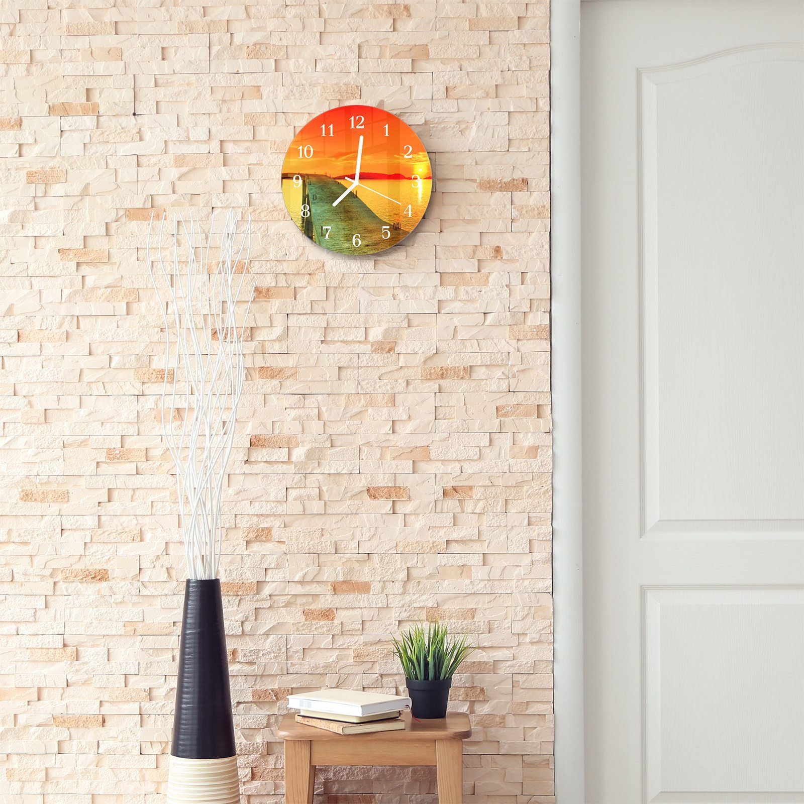 Wanduhr Wanduhr Primedeco - Rund cm mit und Glas Motiv Steg mit 30 Quarzuhrwerk aus Durchmesser am Sonnenuntergang