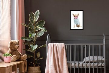MuchoWow Poster Hund - Kaugummi pusten - Chihuahua - Spaß für Kinder - Mädchen -, (1 St), Gerahmtes Poster, Wanddeko, Bilder, Wandposter, Schwarzem Bilderrahmen