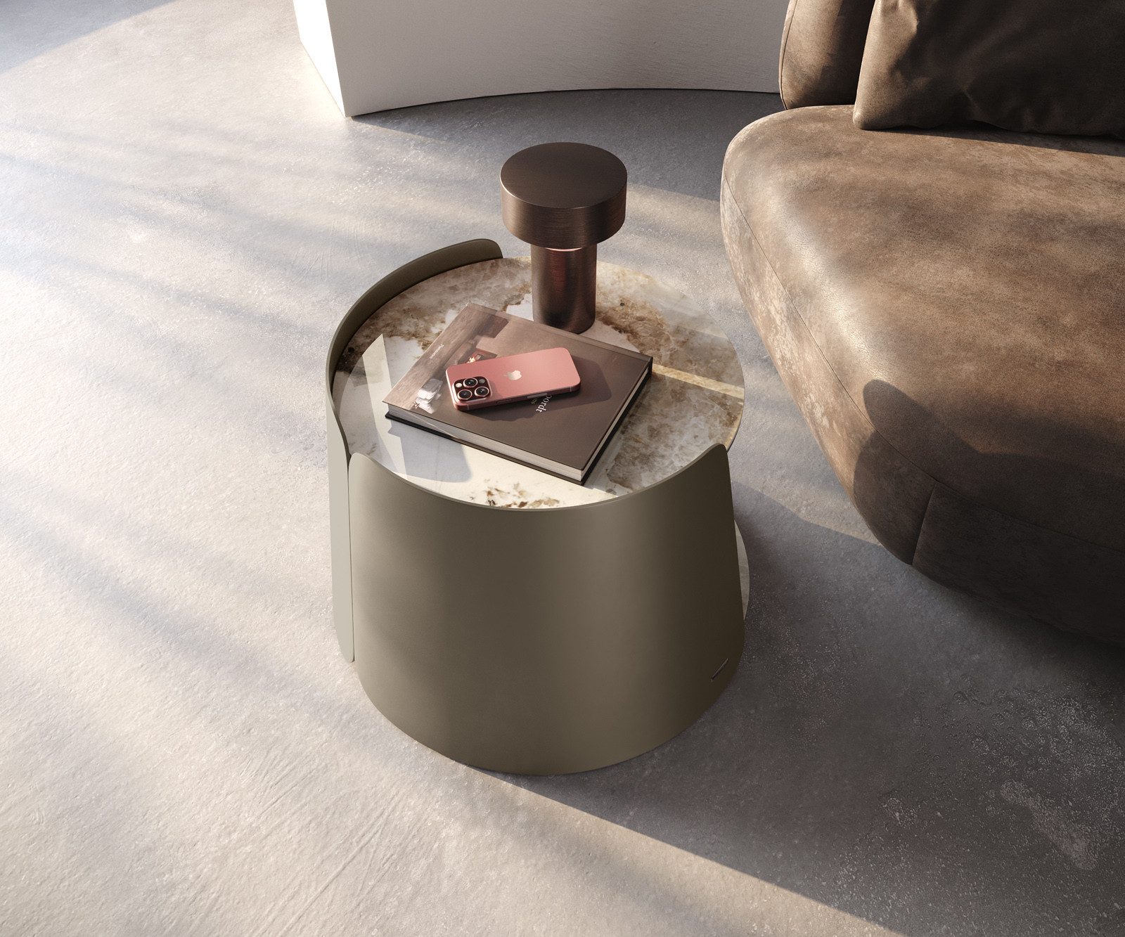 DELIFE Couchtisch Daban, Keramik Minas Melange Weiß-Beige 59x59 cm Gestell Metall Titanfarbig