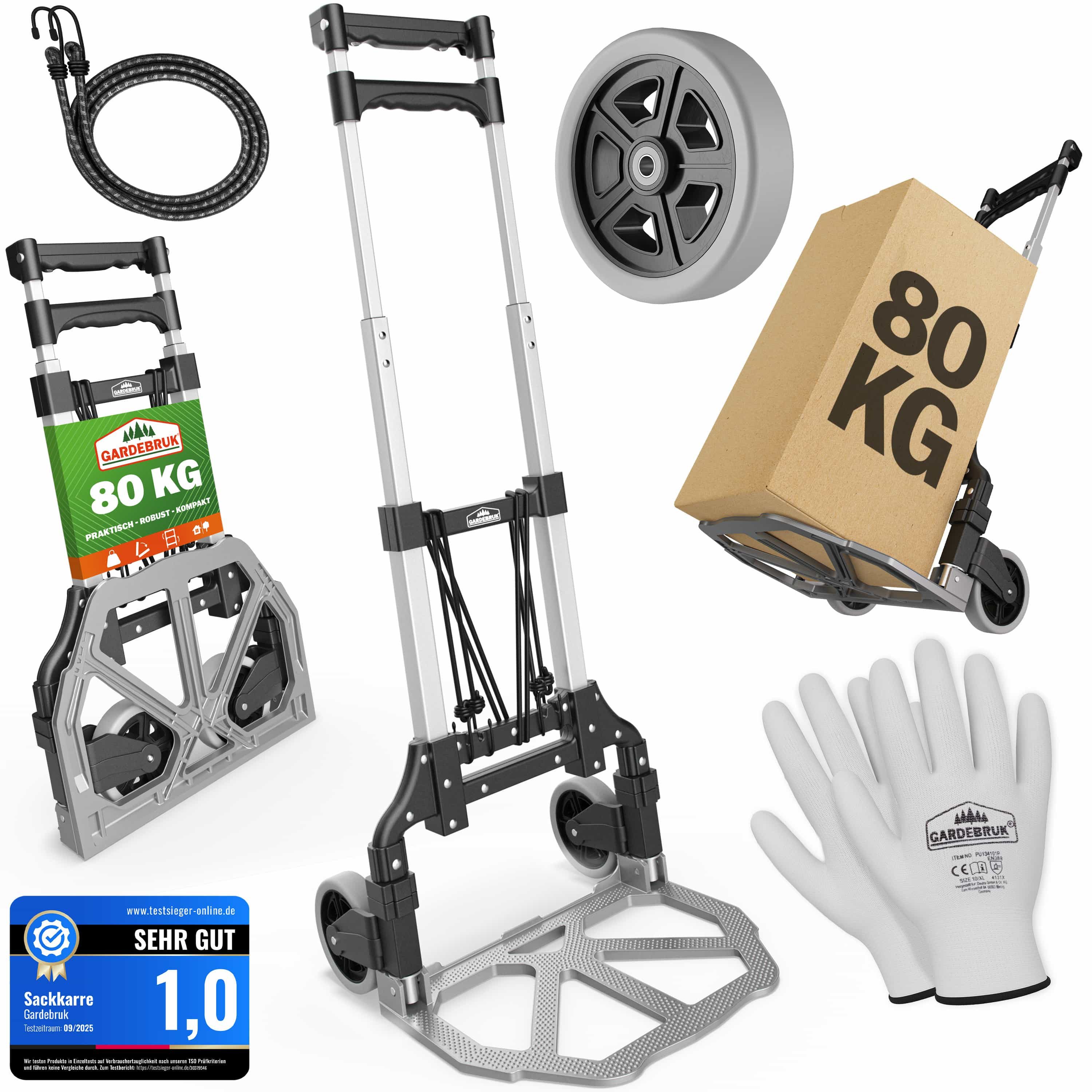 Gardebruk Sackkarre, Aluminium klappbar 80 kg Leichtlauf-Rollen inkl. Handschuhe Transport