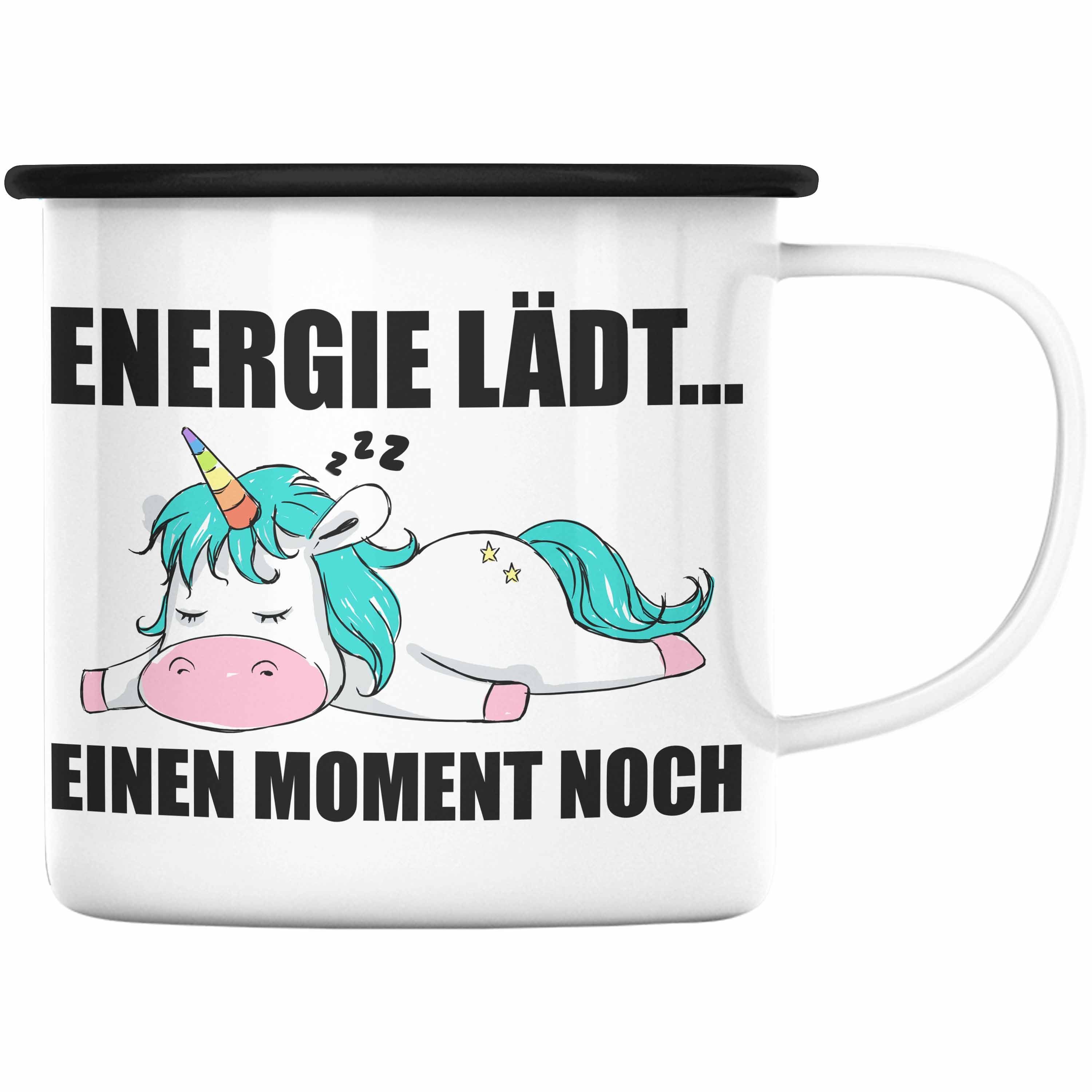 Trendation Thermotasse Trendation - Einhorn Emaille Tasse mit Spruch Geschenk Arbeitskollege Kollege KaffeeEmaille Tasse Frauen Schwarz