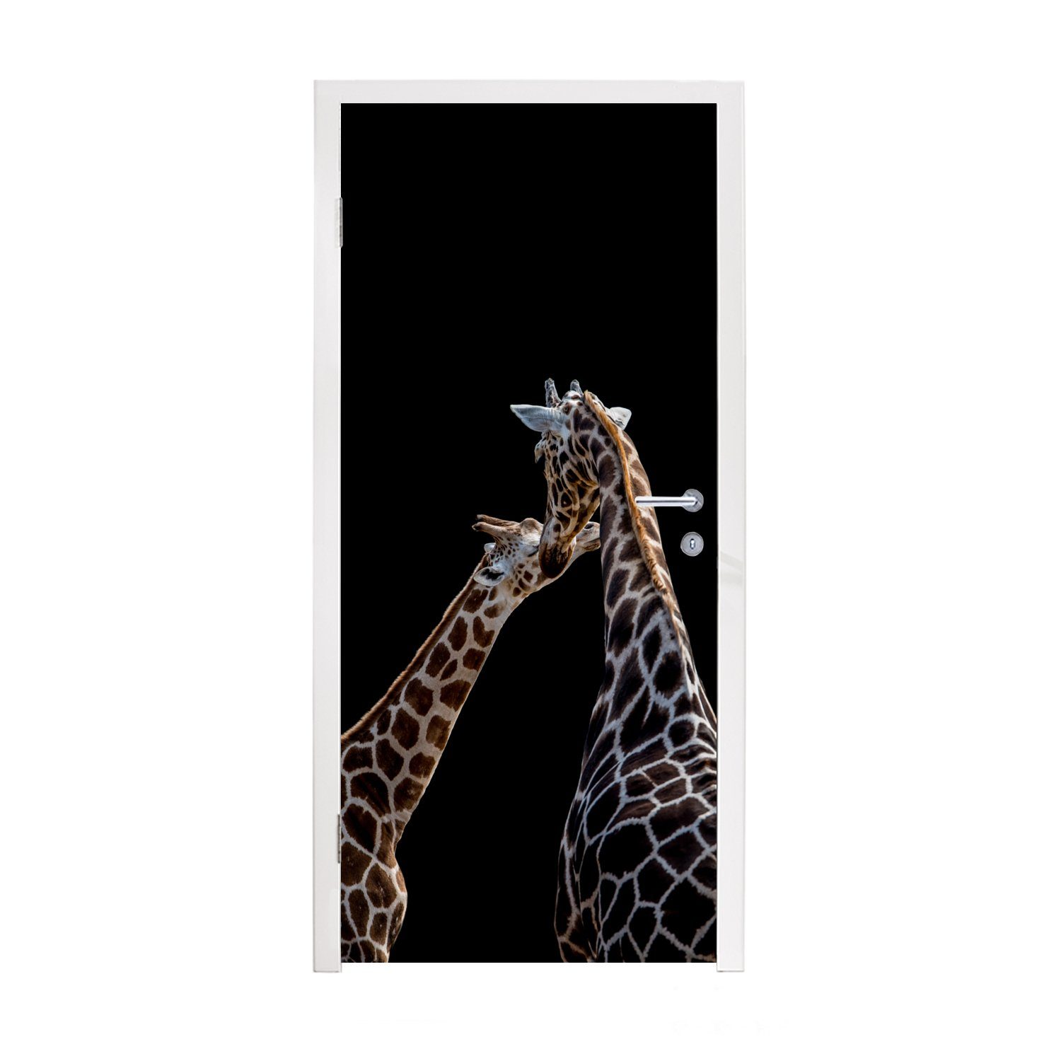 MuchoWow Türtapete Mutter und Baby Giraffe vor schwarzem Hintergrund, Matt, bedruckt, (1 St), Fototapete für Tür, Türaufkleber, 75x205 cm