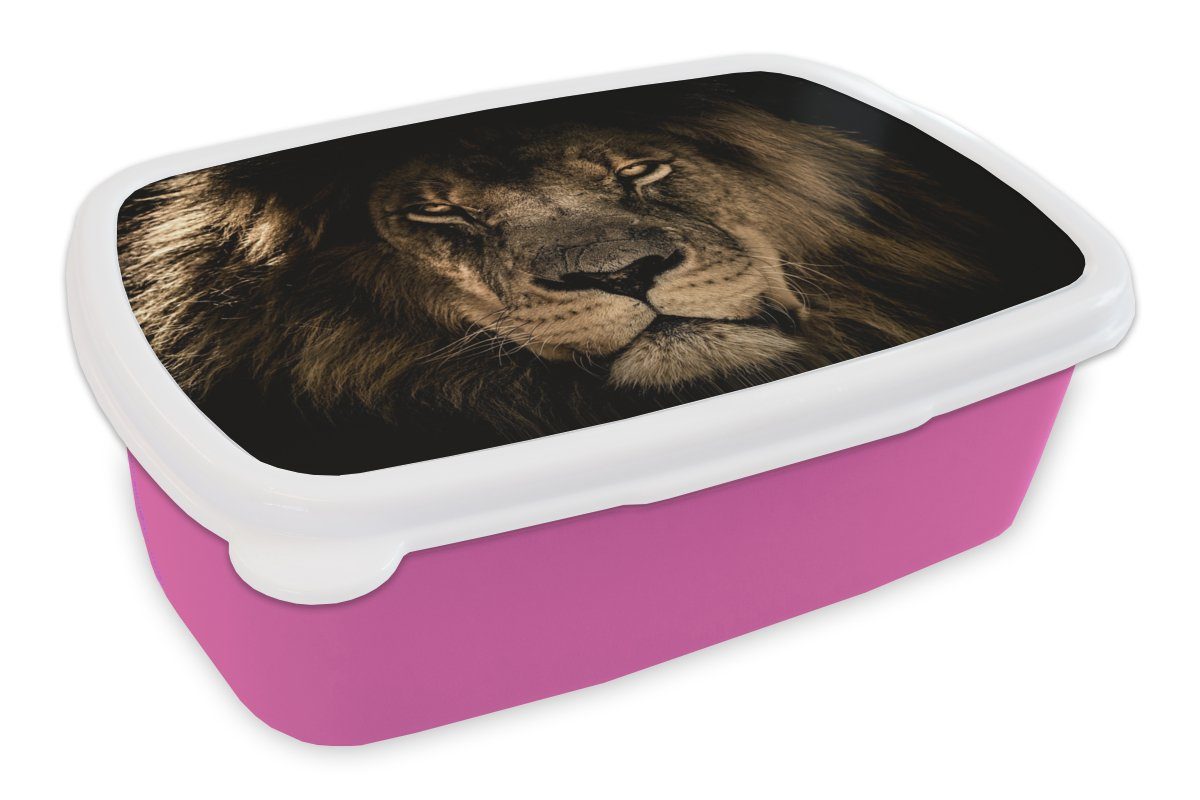 Snackbox, (2-tlg), Lunchbox Tiere - Erwachsene, - - MuchoWow rosa Löwe Brotbox Brotdose Kunststoff Mädchen, für Kinder, Porträt, Schwarz Kunststoff,