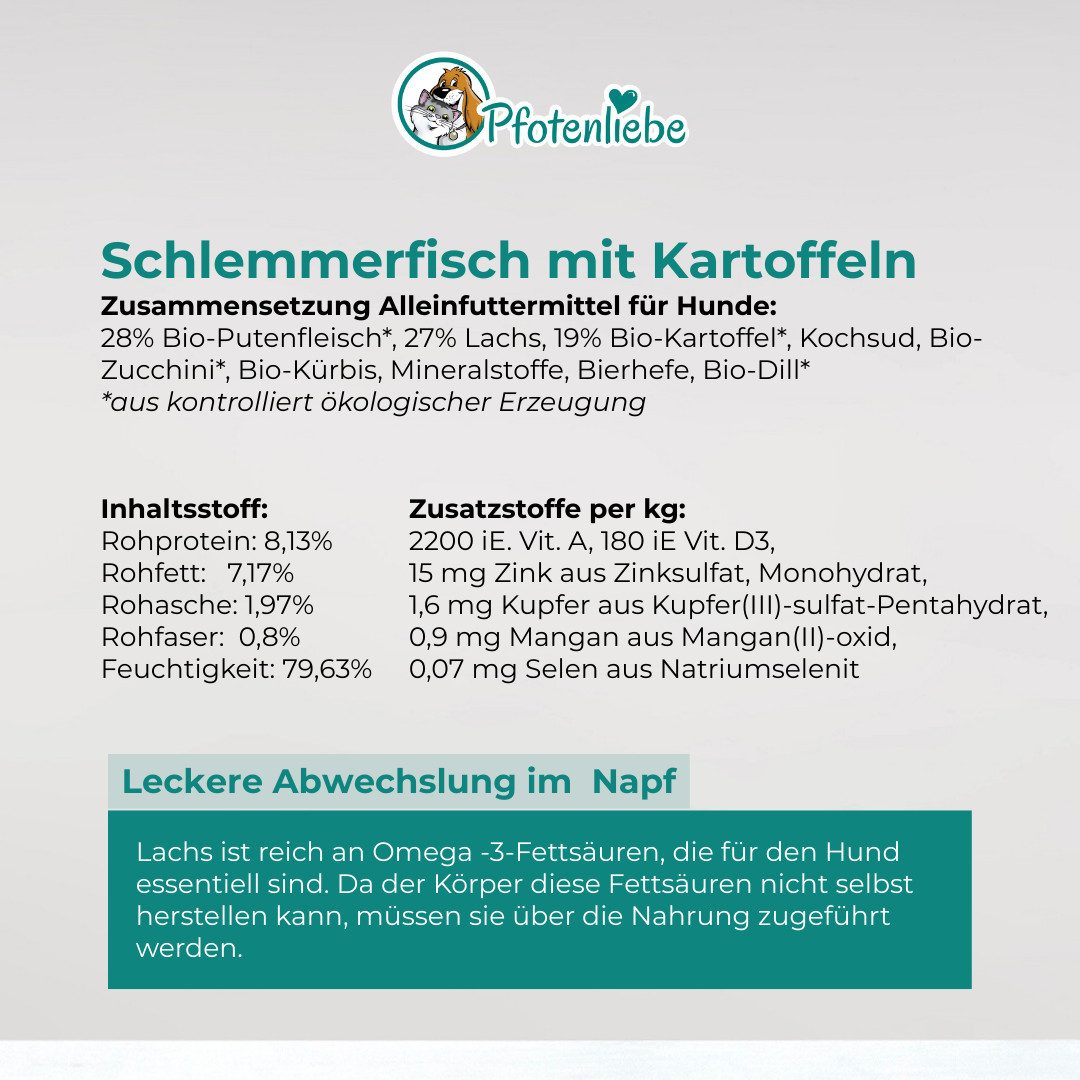 Pfotenliebe Schlemmerfisch mit Kartoffeln - getreidefrei 6x200, Nassfutter für: Hunde, Getreidefrei, *Bio-Anteil der landwirtschaftlichen Zutaten: 56,2%