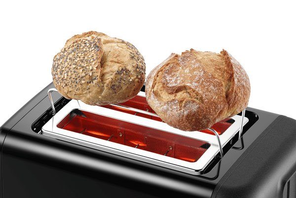 BOSCH Toaster DesignLine TAT3P423DE, Integrierter Edelstahl-Brötchenaufsatz, 2 kurze Schlitze, 820 W, Abschaltautomatik, Auftaufunktion, Liftfunktion, Breit, schwarz