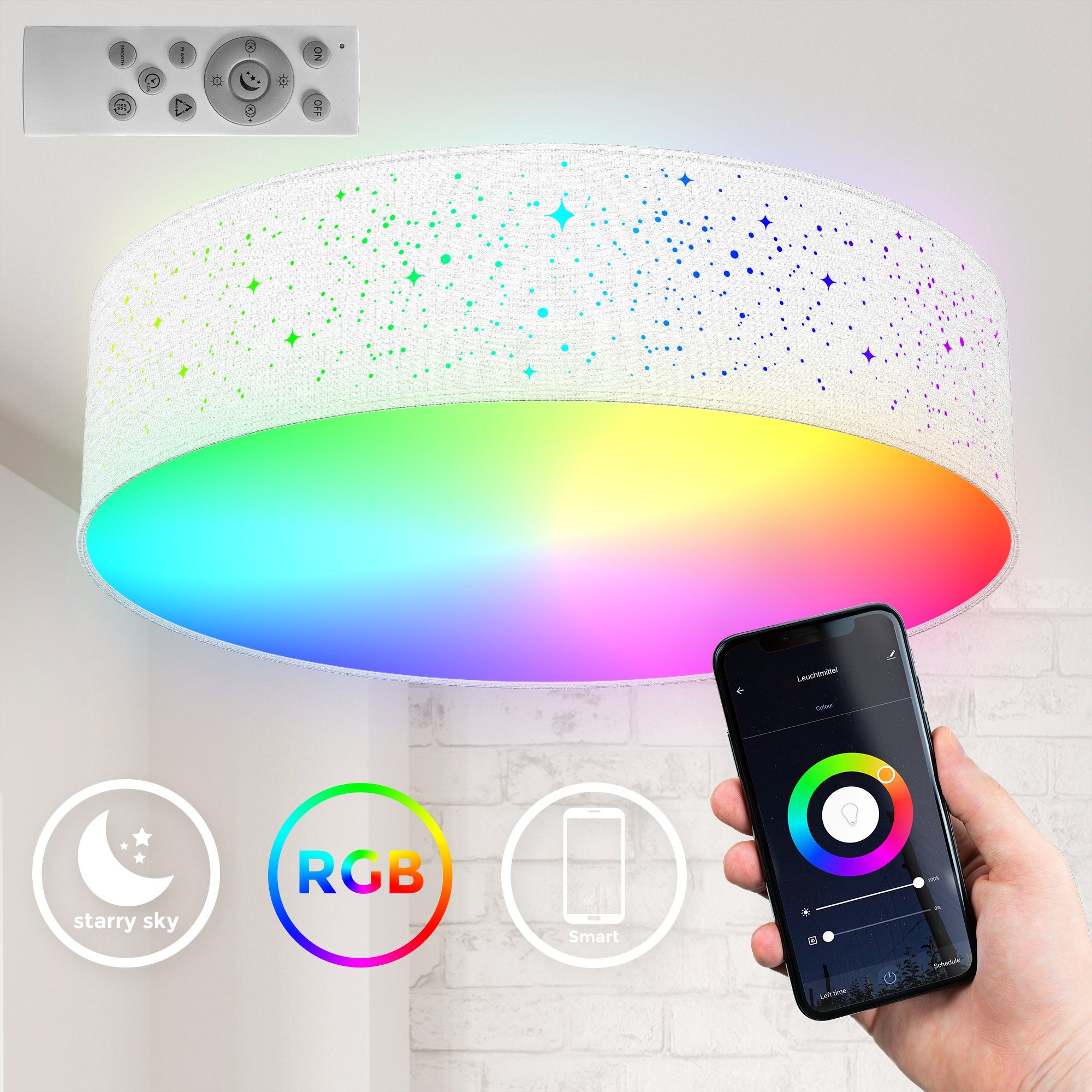 Sternenhimmel App integriert, fest Deckenleuchte - Dimmbar Farbwechsler, BKL1477, Dimmfunktion, CCT B.K.Licht RGB Stoffdeckenlampe Fernbedienung LED