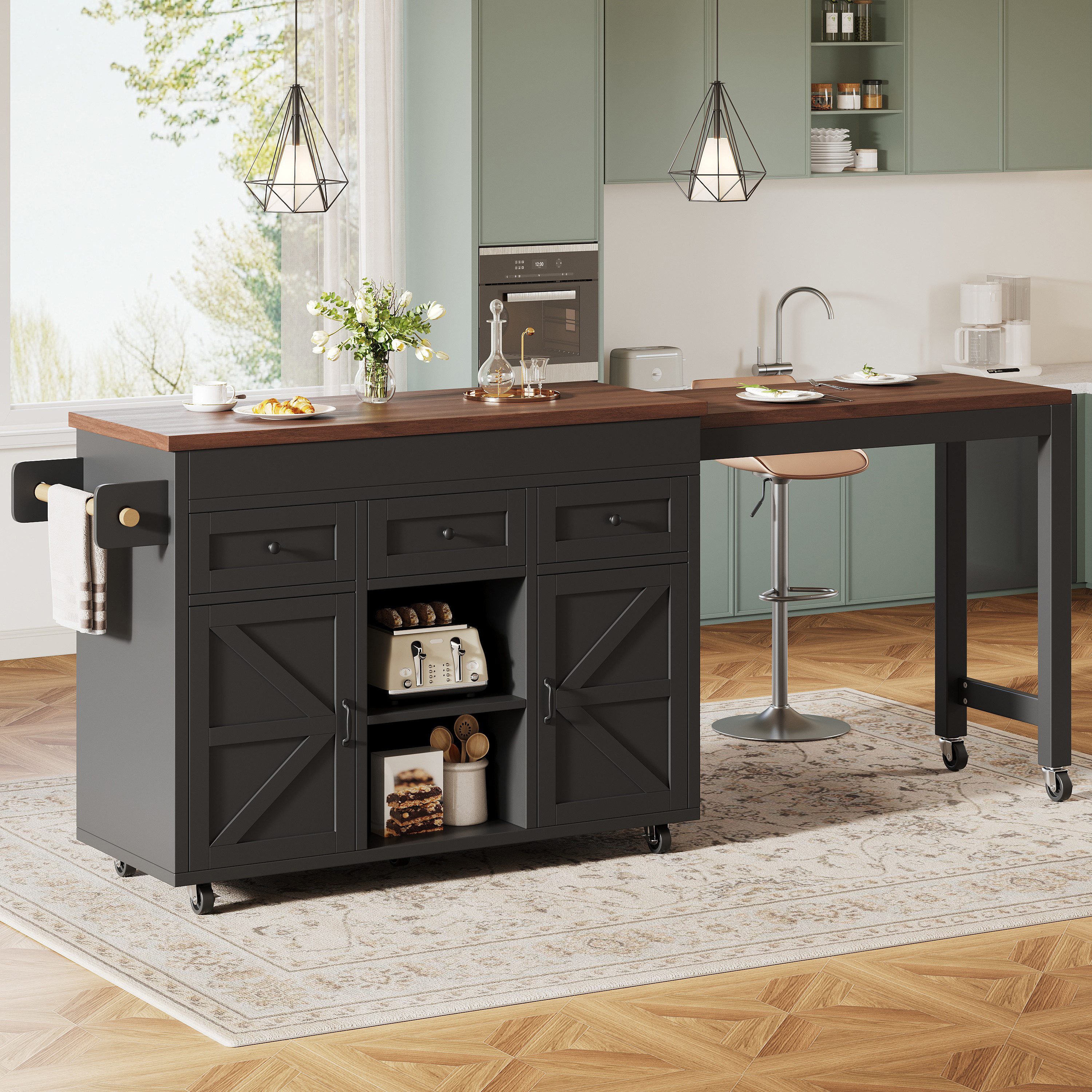 REDOM Kücheninsel Ausziehbarer Esstisch Bartisch, (mit Stauraum, ausziehbarer Esstisch Bartisch, 360° drehbare, mit Schubladen und Schränken)