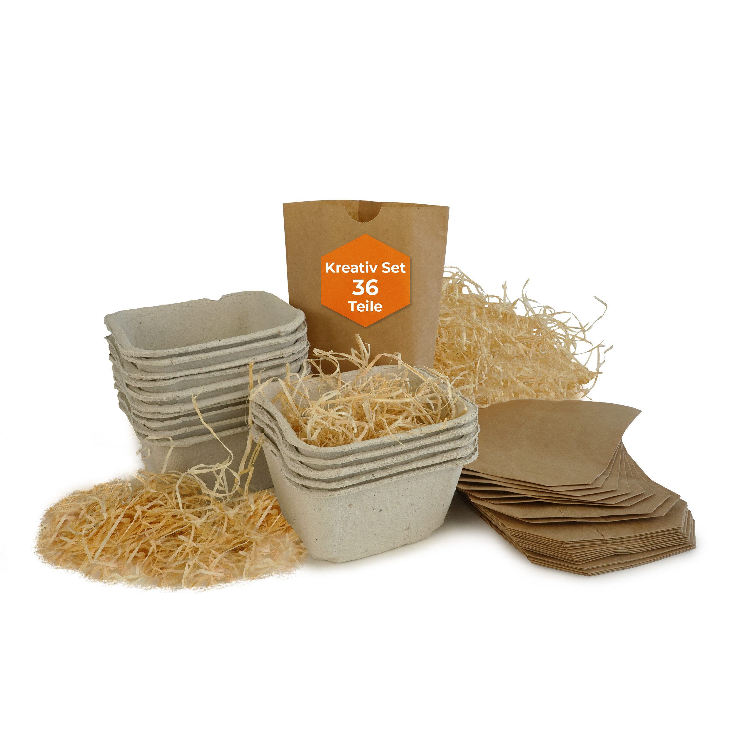 Produktiv Handel Osternest Kreativ Set Ostern 36-teilig, 25 Kraftpapiertüten, 10 Holzfaserschalen, Holzwolle