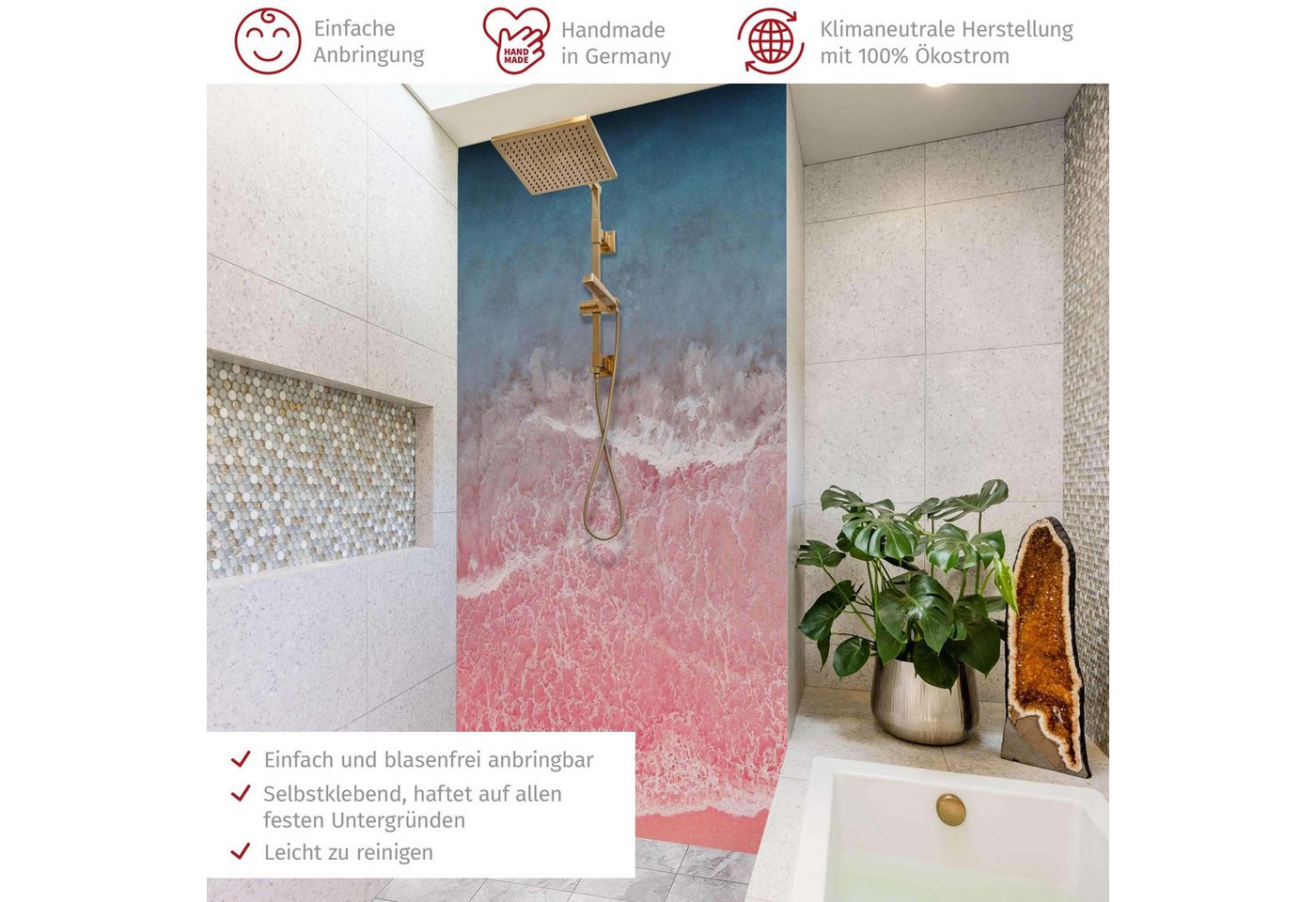Thumbnail - Bilderdepot24 Badrückwand Strand pink Duschrückwand ohne Bohren Dusche Natur, (1-tlg., Hart-Folie Premium matt 0,61 mm),...