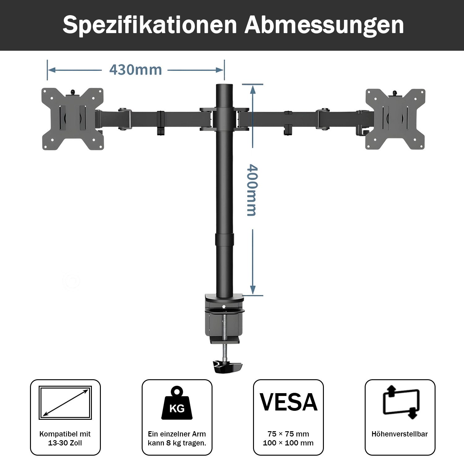 AKKEE Monitor-Halterung Bildschirmhalterung, 2 Monitore, 13"-30" Doppelarm, (bis 30 Zoll, VESA 75x75-100x100)