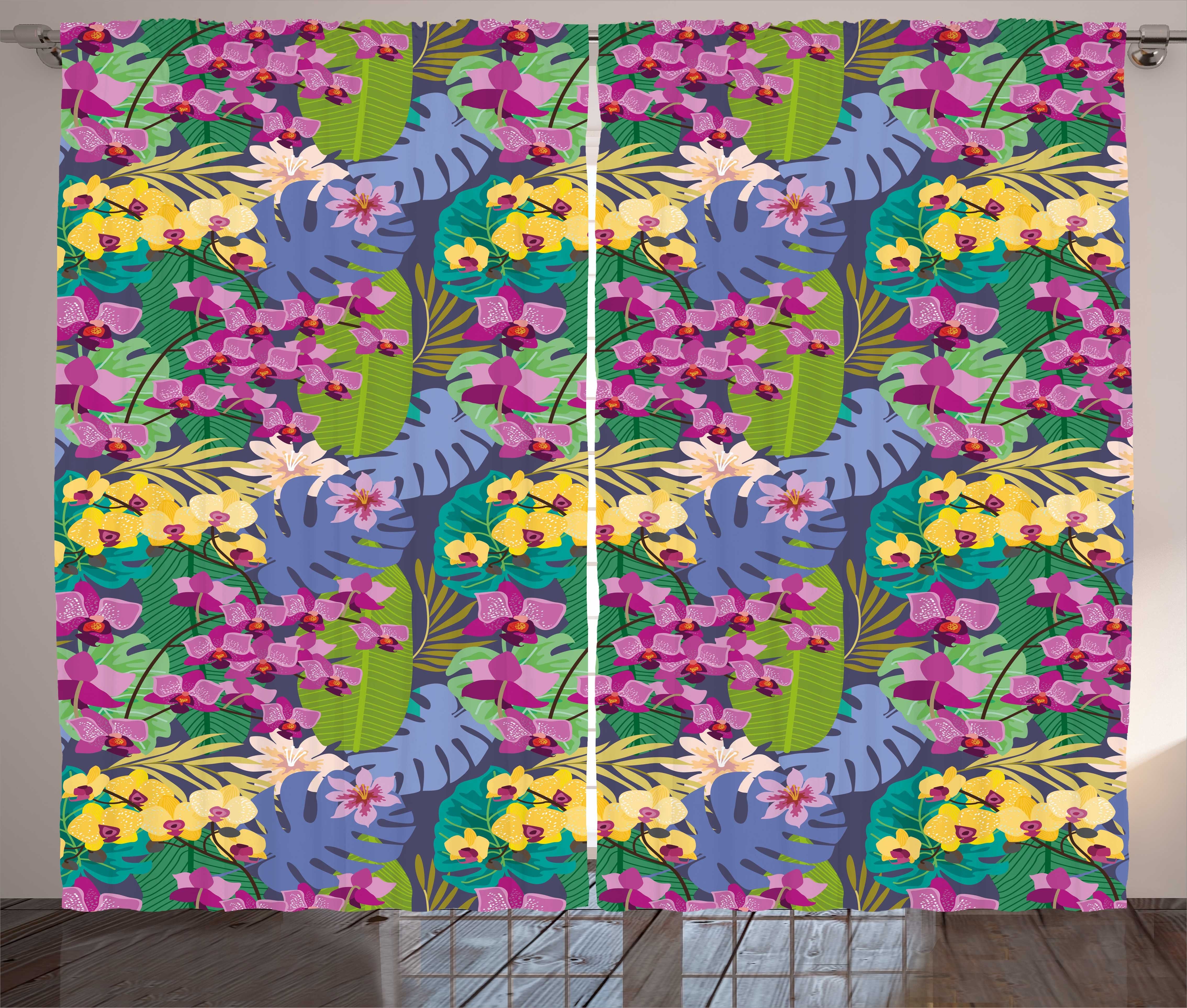 Haken, Blumen Vorhang Blätter Botanische und Kräuselband Abakuhaus, Blüten Schlaufen Gardine mit Orchideen Schlafzimmer