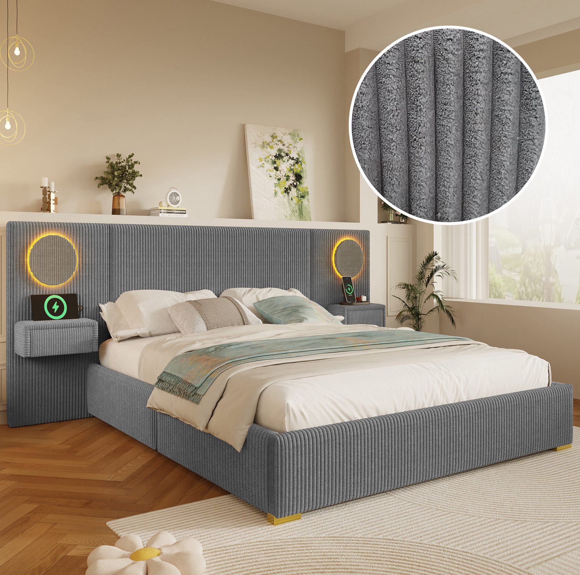 MODFU Polsterbett Bett mit Kopfteil aus Samt und LED Licht 180×200 cm Ohne Matratze (Packung, 1-tlg., Doppelbett Design Möbel mit Schubladen für moderne Schlafzimmer Grau), Schlafbett mit USB Port und integrierten Ablagen am Kopfbereich