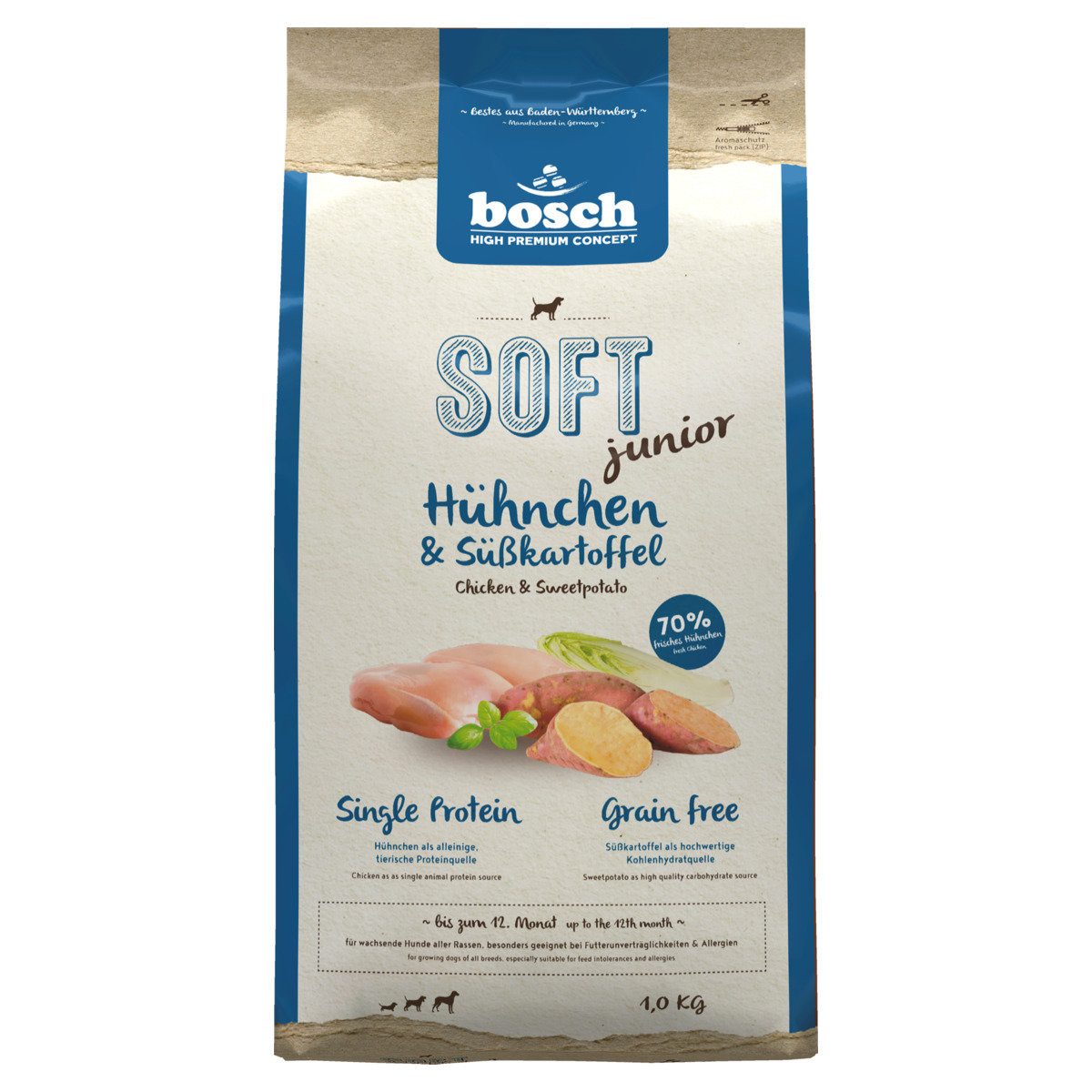 Bosch Petfood SOFT Junior mit Hühnchen & Süßkartoffel 1 kg, Trockenfutter für: Hund