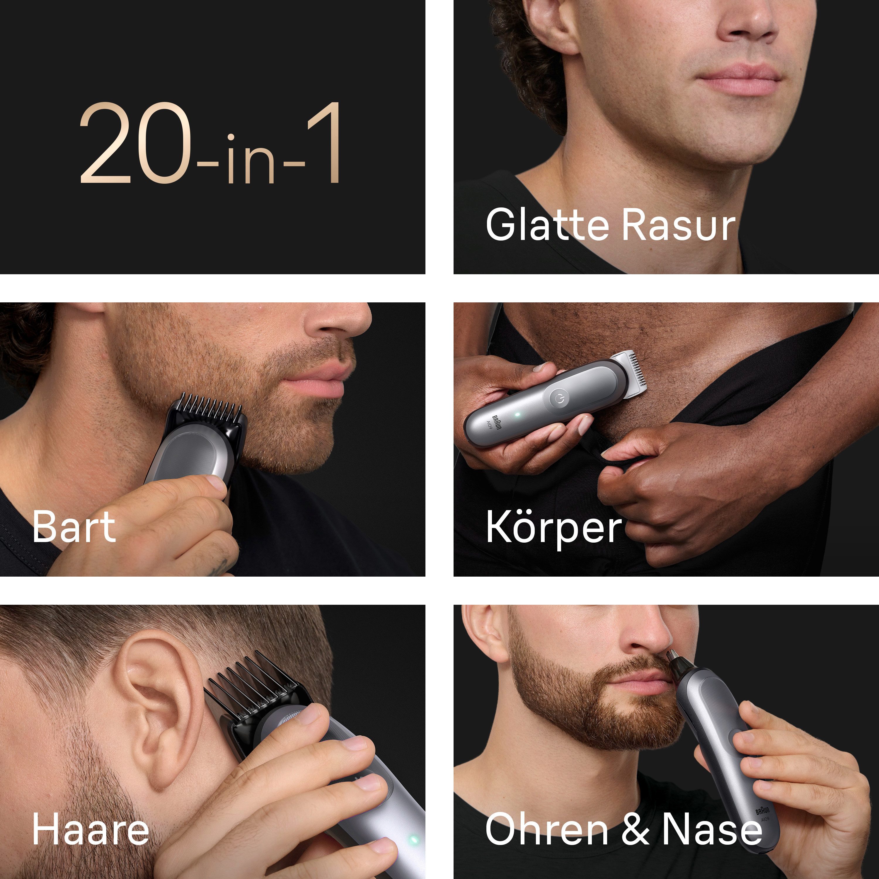 Braun Haarschneider Series 9 AIO9540, 20-in-1, BodyGentle Modus, 120 Min Akku, Gillette Labs Rasierer, Grau