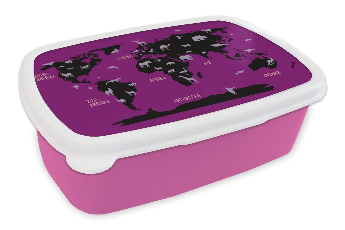 MuchoWow Lunchbox Weltkarte Kinder - Tiere - Mintgrün, Kunststoff, (2-tlg), Brotbox für Erwachsene, Brotdose Kinder, Snackbox, Mädchen, Kunststoff rosa