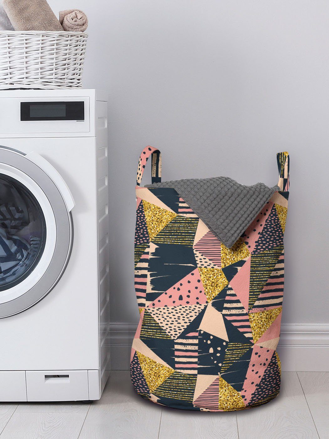 Polygon-Grafik-Formen mit Abstrakt Wäschekorb Abakuhaus für Griffen Kordelzugverschluss Waschsalons, Wäschesäckchen