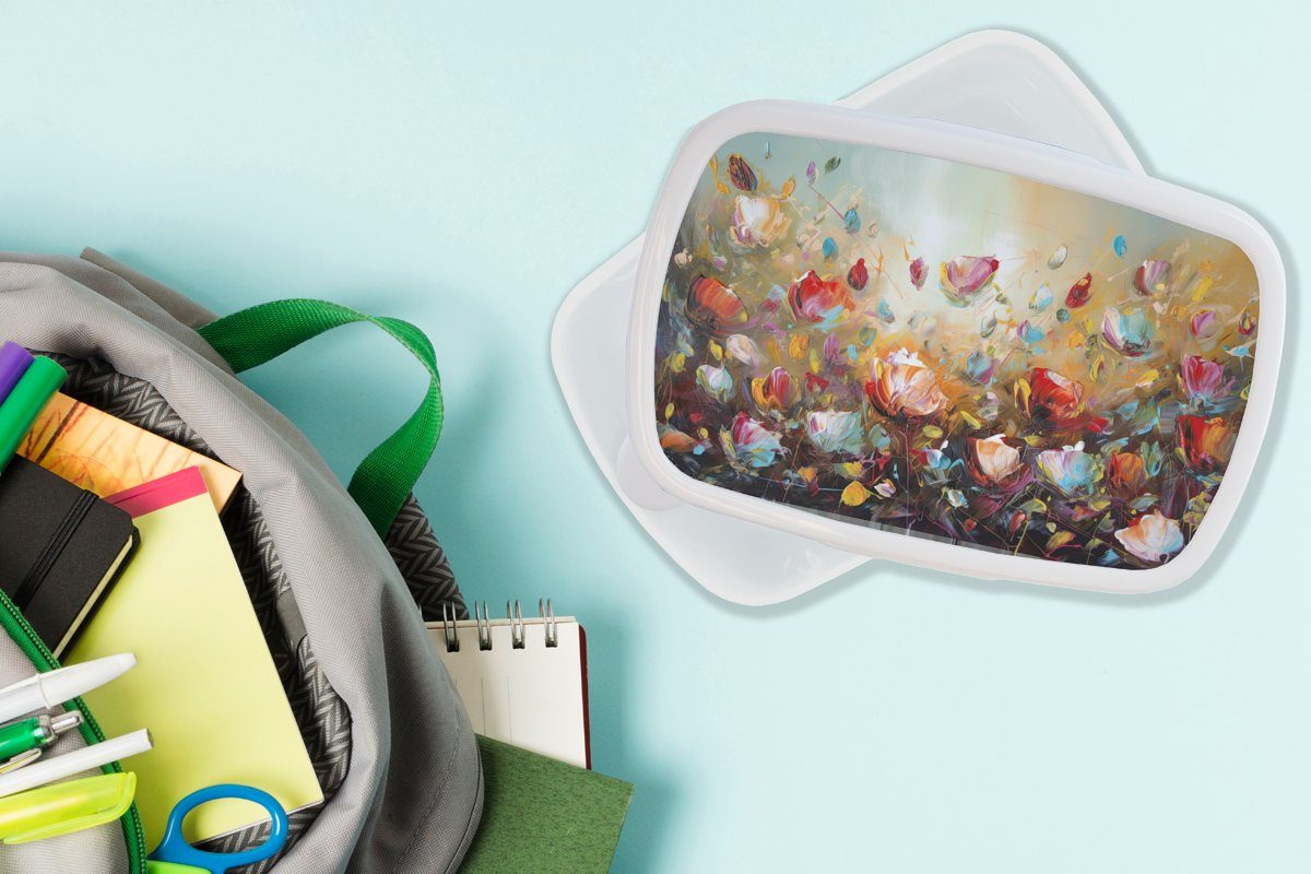 MuchoWow Lunchbox Blumen und - Brotdose, Jungs - Kunst weiß Ölgemälde, Mädchen Erwachsene, Natur Kunststoff, Kinder - und (2-tlg), für für Brotbox