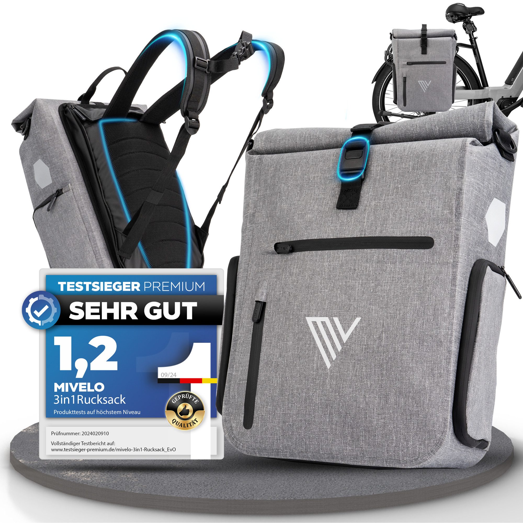MIVELO Fahrradtasche 3in1 Gepäckträgertasche mit Rucksackfunktion Schultergurt wasserdicht, geräumiges Hauptfach, Außentaschen, Laptopfach