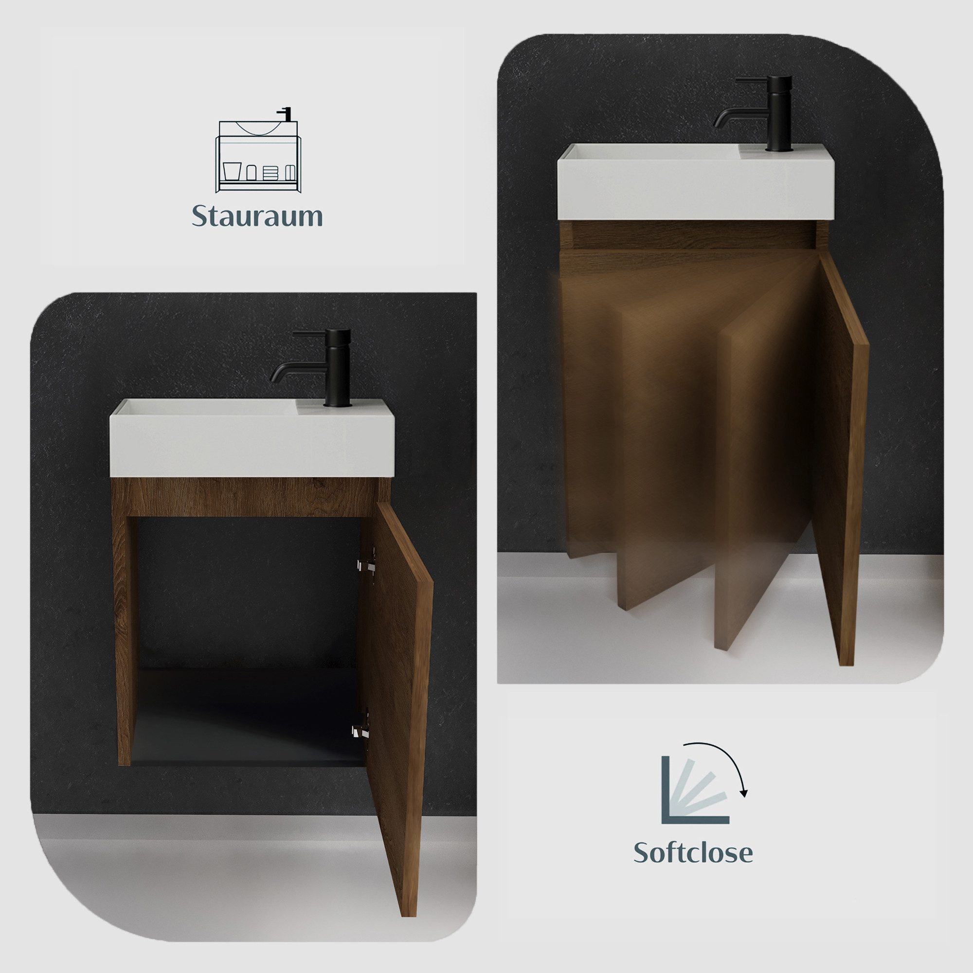 Alpenberger Badmöbel-Set Gäste WC Waschbecken mit Unterschrank - Badschrank Hängend, (2-tlg. Waschtisch Set Eiche, Waschbeckenunterschrank mit Softclose), Wasch – Bild 4 von 5
