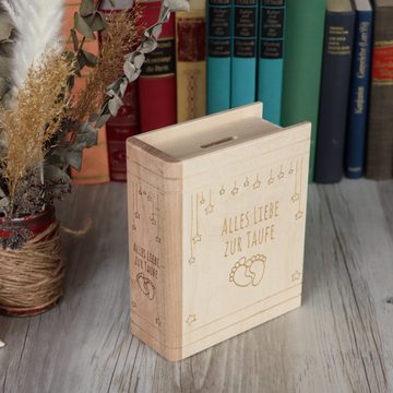 Spruchreif® Spardose Spardose Buch Holz mit Gravur zur Taufe · Motiv Babyfüße ·Taufgeschenk, (1-tlg)