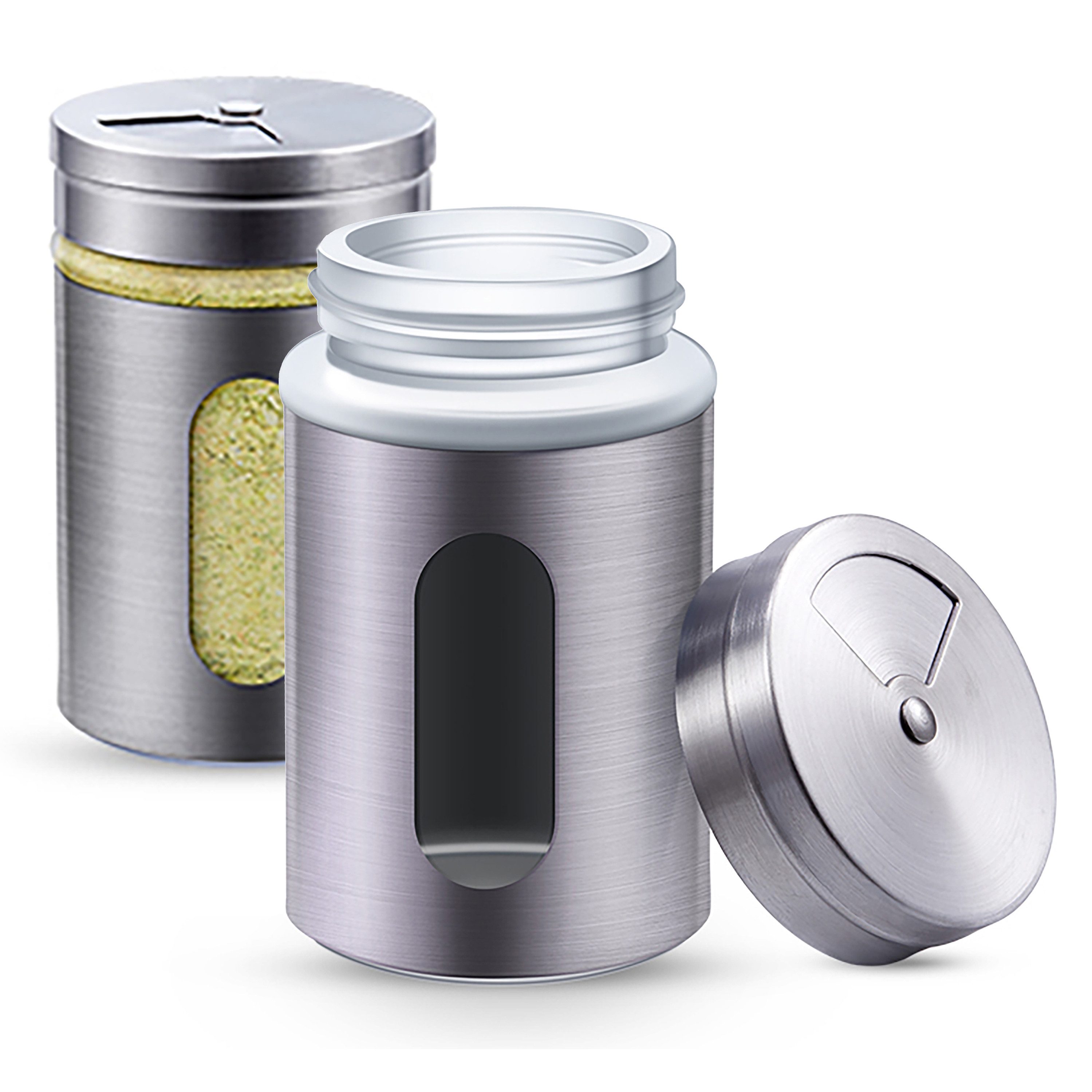 Praknu Salzstreuer 12 Gewürzdosen Silber I Gewürzstreuer Edelstahl Set 80ml, (Set, 12-tlg), Mit Sichtfenster und 3fach Streuregulierung - Gewürzgläser für Gewürze
