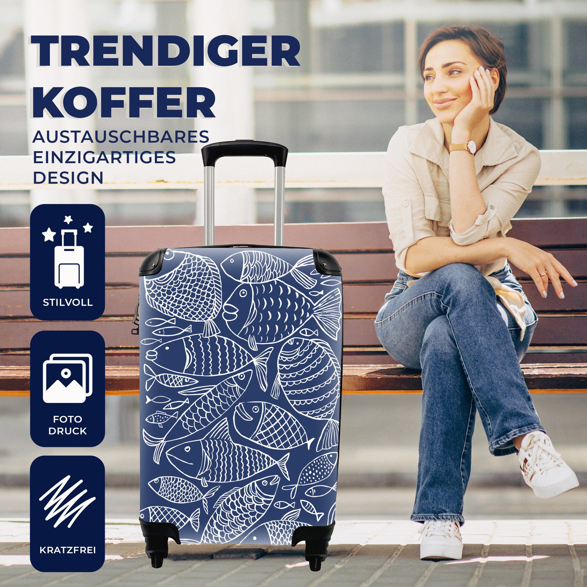MuchoWow Handgepäckkoffer dunkelblauen Hintergrund, Illustration eines Reisetasche rollen, einem 4 Ferien, auf für Fisches Trolley, Reisekoffer Rollen, Handgepäck mit