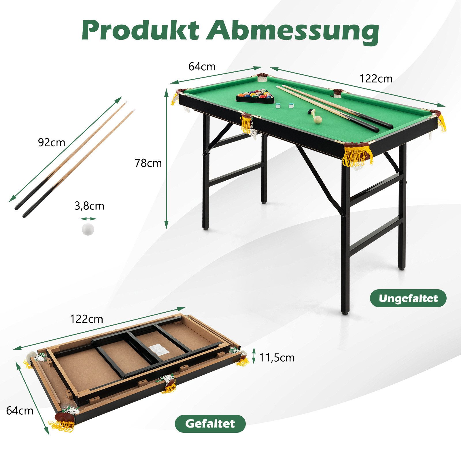COSTWAY Billardtisch, 122cm klappbar Spieltisch mit 2 Queue, Kugelset