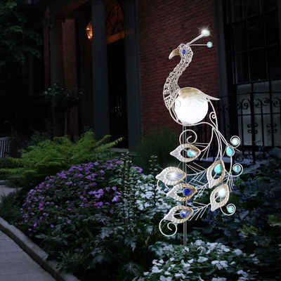 Globo LED Solarleuchte, LED-Leuchtmittel fest verbaut, LED Solar Leuchte Garten Figur Kristall Lampe Pfau Außen