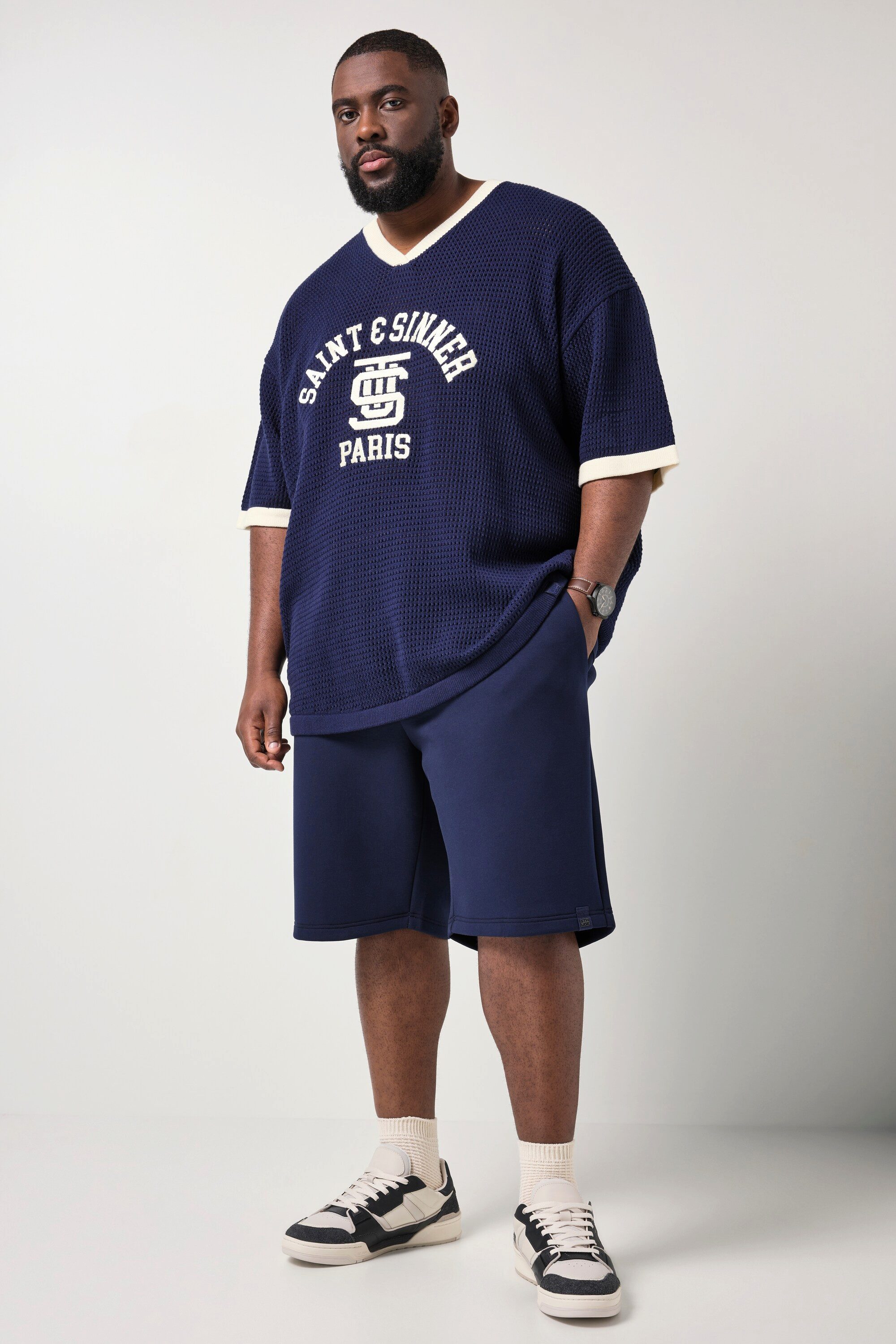 STHUGE T-Shirt T-Shirt Halbarm Strick-Mesh V-Ausschnitt bis 8 XL