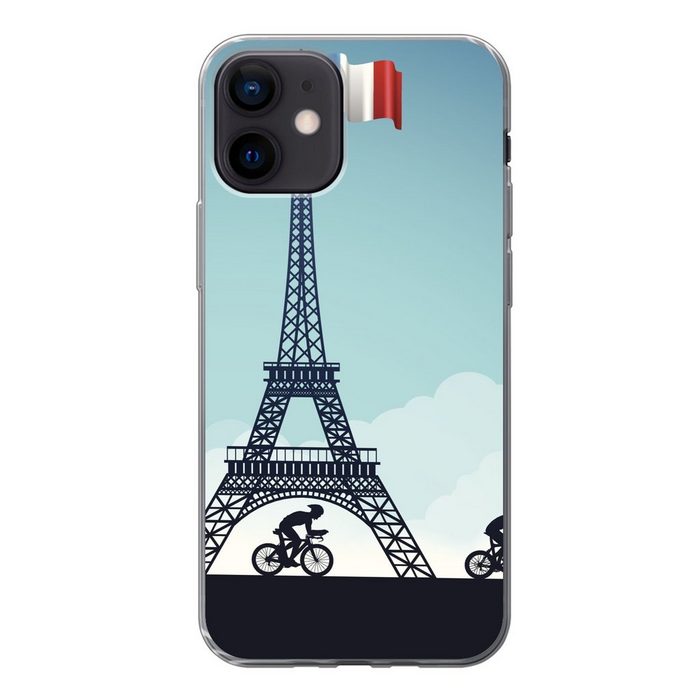 MuchoWow Handyhülle Eine Illustration von Radfahrern die am Eiffelturm vorbeifahren Handyhülle Apple iPhone 12 Smartphone-Bumper Print Handy