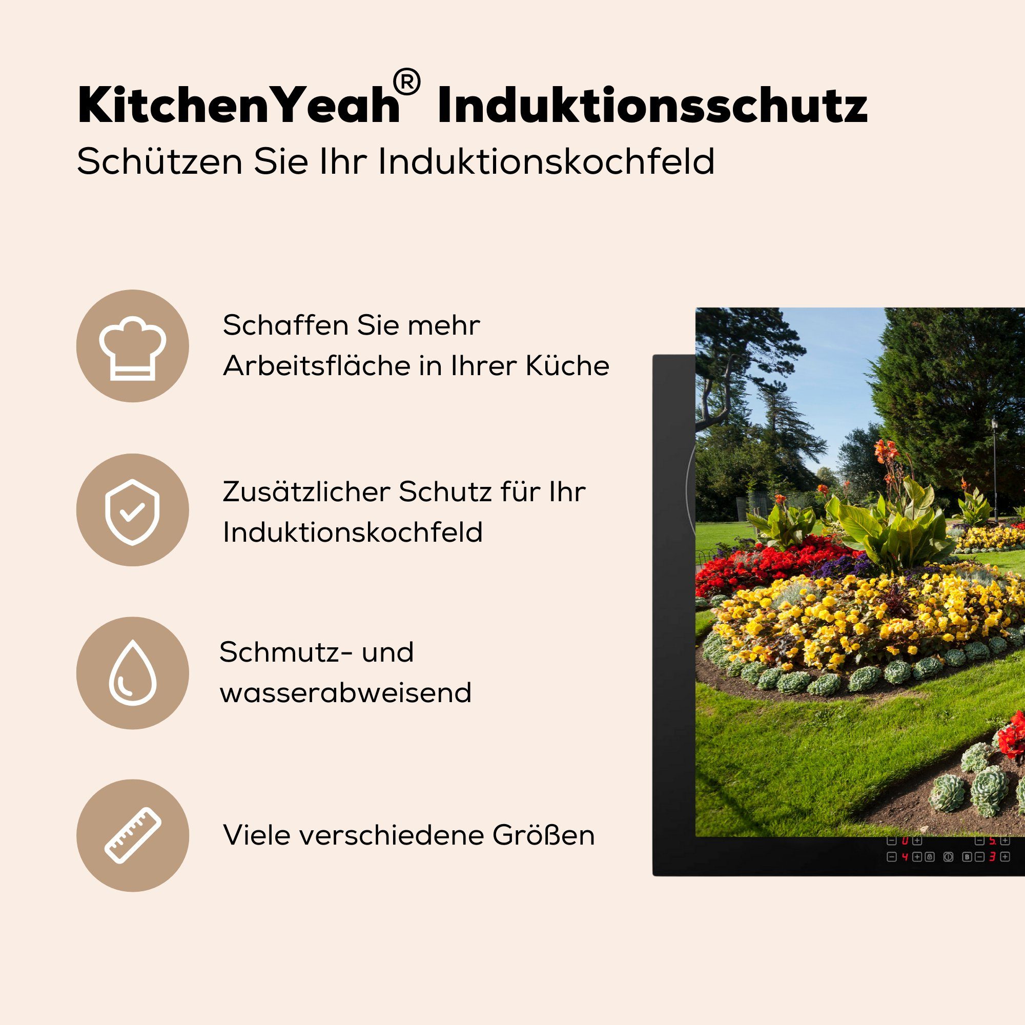 MuchoWow Herdblende-/Abdeckplatte Gärten voller (1 Vinyl, küche, tlg), Ceranfeldabdeckung cm, Canna-Blüten, die Schutz für 81x52 Induktionskochfeld