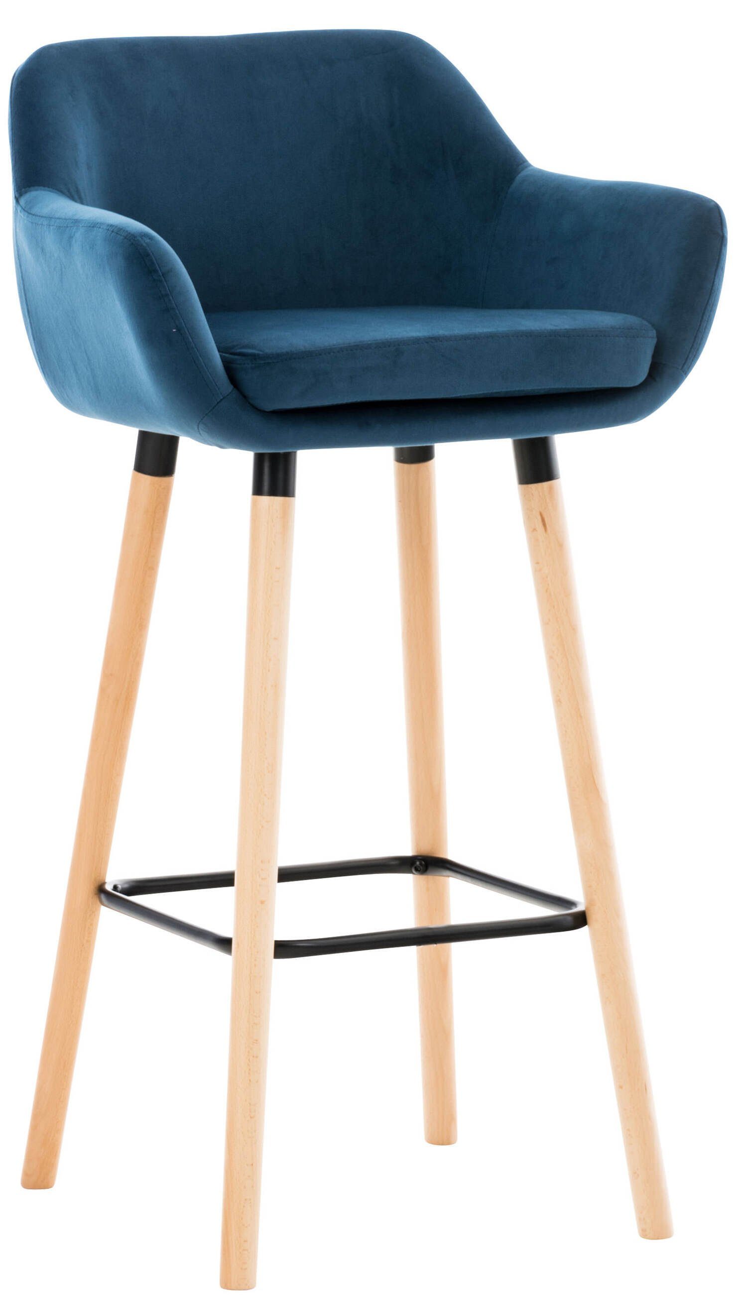 TPFLiving Barhocker Grande mit bequemer Rückenlehne und angenehmer Fußstütze (Barstuhl Hocker für Theke & Küche), Tresenhocker 4-Fuß Gestell Holz - Sitzfläche: Samt Blau