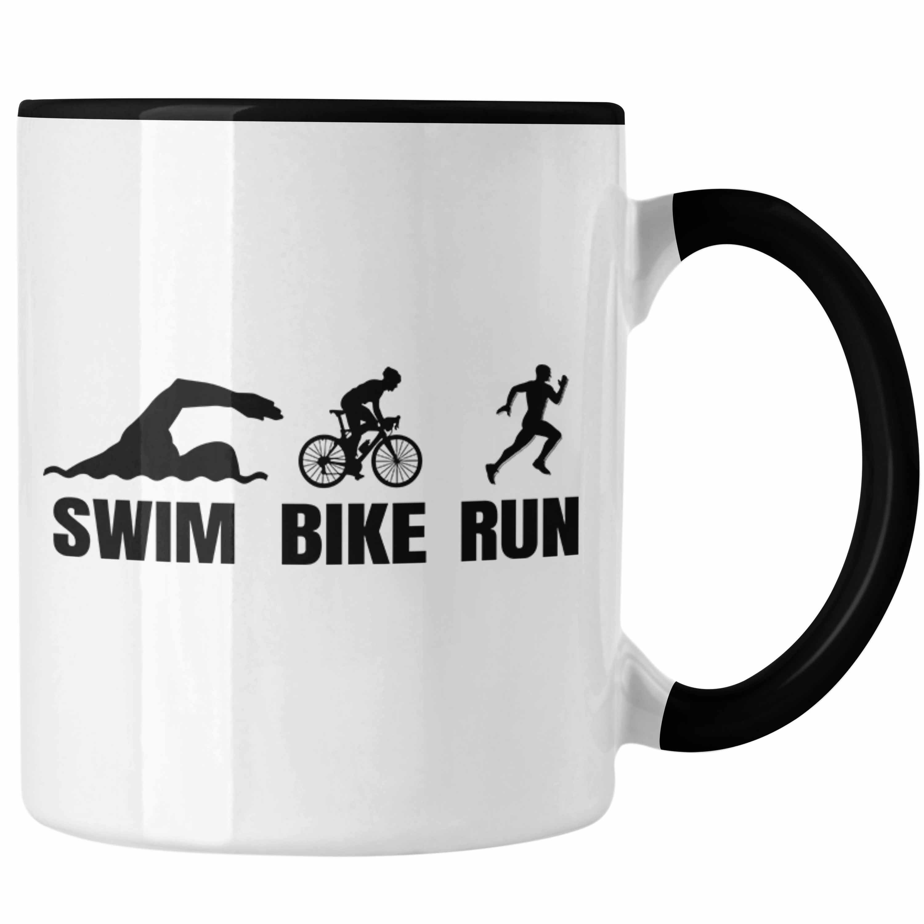 Trendation Tasse Triathlon Tasse Geschenk Spruch für Swim Bike Run Geschenkidee Sportl Schwarz