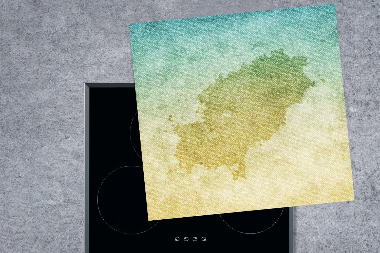 Vinyl, 78x78 Herdblende-/Abdeckplatte Karte Arbeitsplatte für MuchoWow cm, Ceranfeldabdeckung, tlg), (1 einer Illustration Ibiza, küche von gelb-grünen