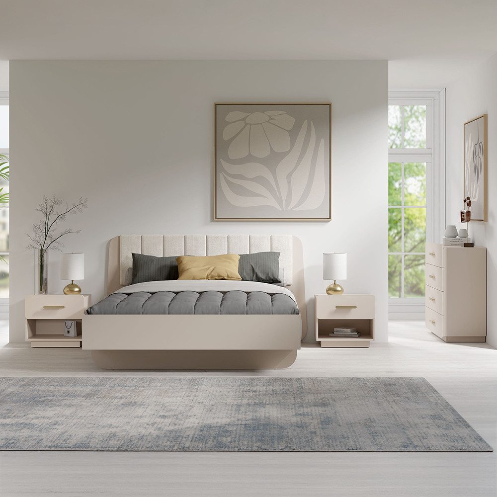 Lomadox Schlafzimmer-Set LOUSADA-166, (Spar-Set, 4-tlg., Bettgestell Kommode Nachttische), in beige, 180x200cm Liegefläche, Kopfteilpolster & Lattenrost