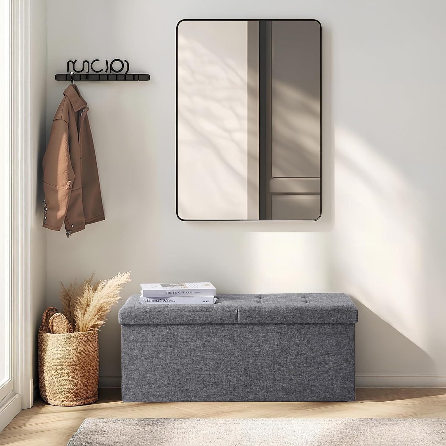 Sitzbank 76cm mit Stauraum 80L, gepolsterte Truhe Leinen, klappbar Sitztruhe