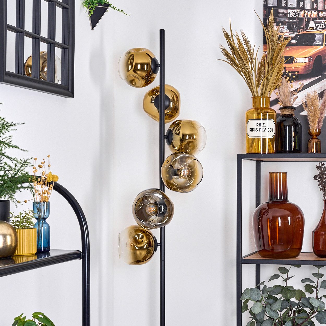 hofstein Stehlampe Stehlampe aus Metall/Glas in Schwarz/Gold/Klar, Retro/Vintage-Design, ohne Leuchtmittel, moderne Stehleuchte, Ø Schirme 15 cm, Fußschalter, 160 cm, E14