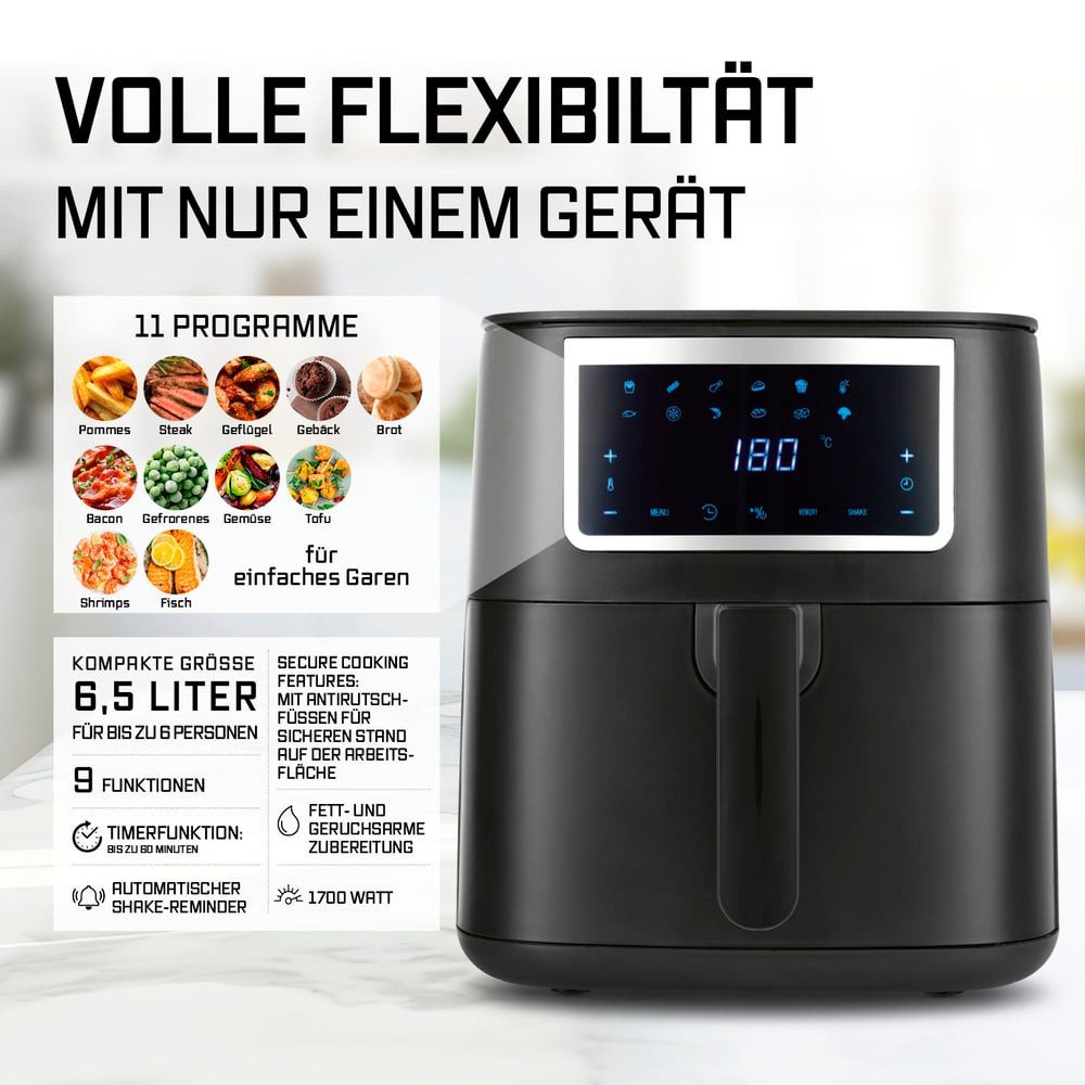 GOURMETmaxx Heißluftfritteuse Heißluftfritteuse 6,5 l, 1700 W, Airfryer mit Touchscreen, Timer und 11 Programmen