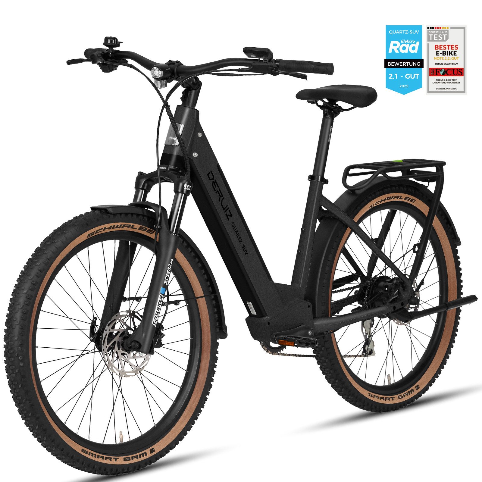 DERUIZ E-Bike Trekkingrad 28 Zoll Quartz SUV, 644 Wh, bis zu 160 km, 55 Nm, Drehmomentsensor, 8 Gang SHIMANO Acera RD-M360 SGS Schaltwerk, Kettenschaltung, Hinterradmotor, 644 Wh, SHIMANO Acera 8-Gang, Hydraulikbremsen, 100-mm-Federgabel