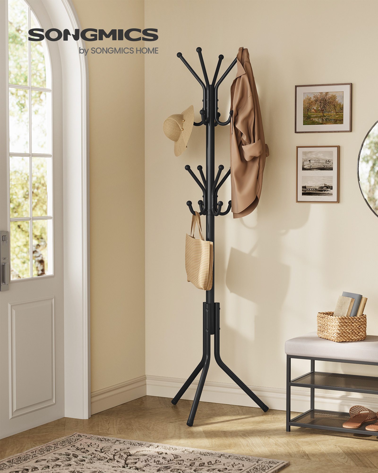 SONGMICS Garderobenständer Kleiderständer, Garderobe, für Kleidung, Taschen und Hüte, Höhe 175 cm, Metall, 16 Haken, Eingangsbereich, Wohnzimmer, Schlafzimmer, schwarz