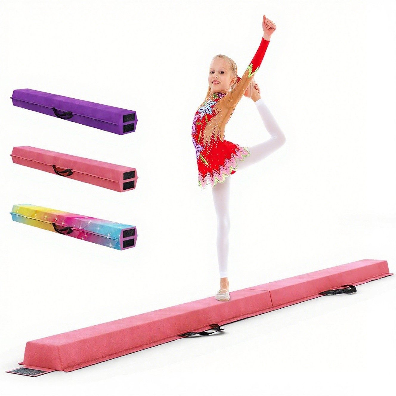 OUNUO Balancetrainer Schwebebalken für Kinder, klappbar, 210m, Rosa