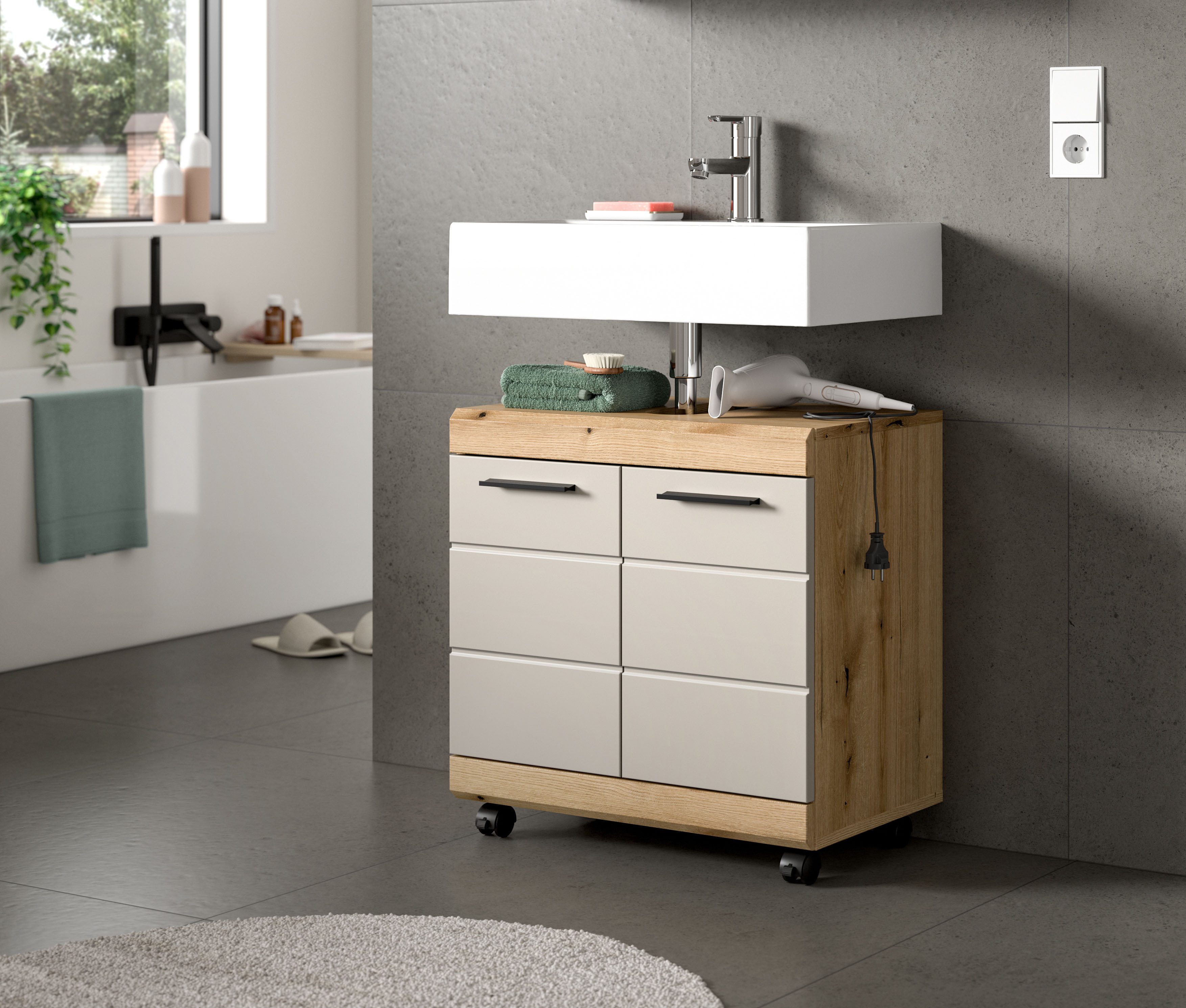 welltime Waschbeckenunterschrank SIENA, Breite 60cm, 2 Türen, auf Rollen, MDF-Front (TOPSELLER!, mit Siphonausschnitt 10x25 cm) in verschiedenen Farben erhältli – Bild 2 von 5