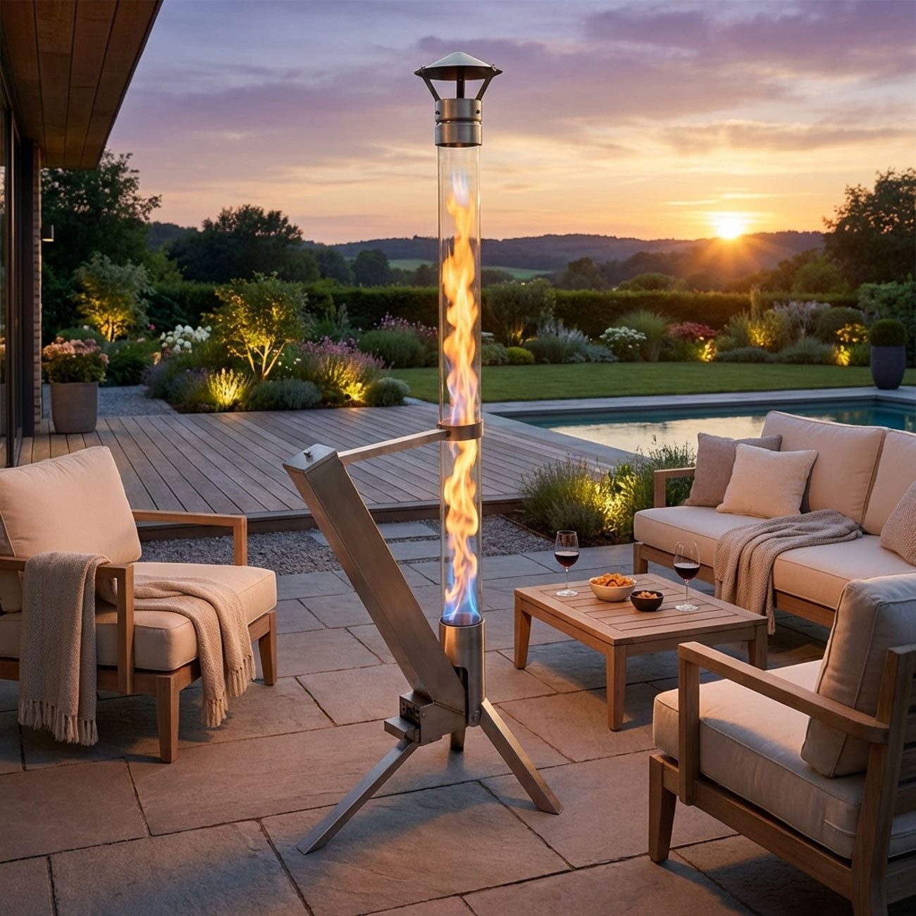 Westerholt Gartenfackel Pelletfackel für Garten & Terrasse, 4kW, Borosilikatglas, Edelstahl, Raucharmes Glas Feuerrohr, Edelstahl Heizer