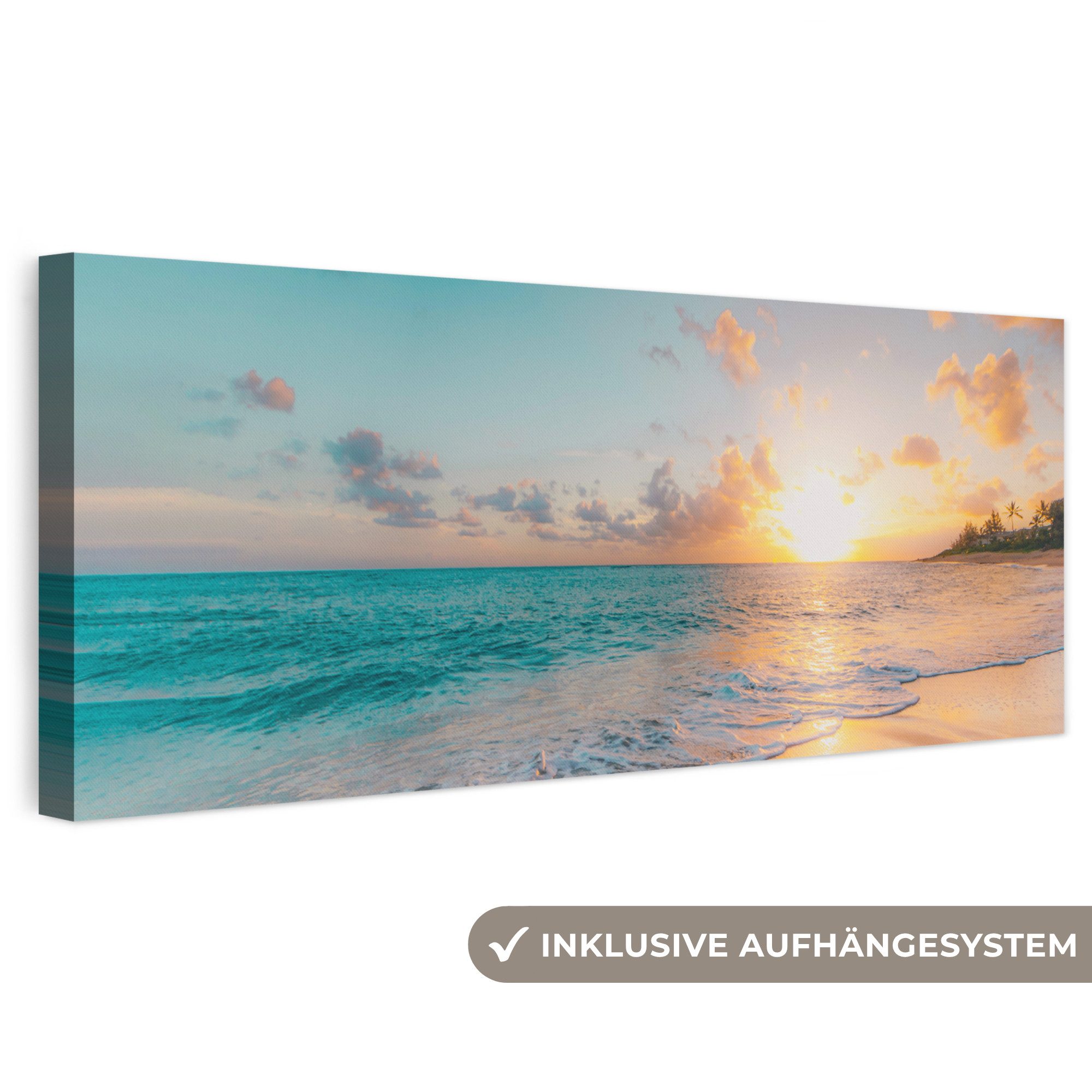OneMillionCanvasses® Leinwandbild Panorama Sonnenuntergang - Strand - Meer - Sommer - Blau, Fotodruck (1 St), Wandbild, Deko Schlafzimmer Wohnzimmer Flur 60x20 cm