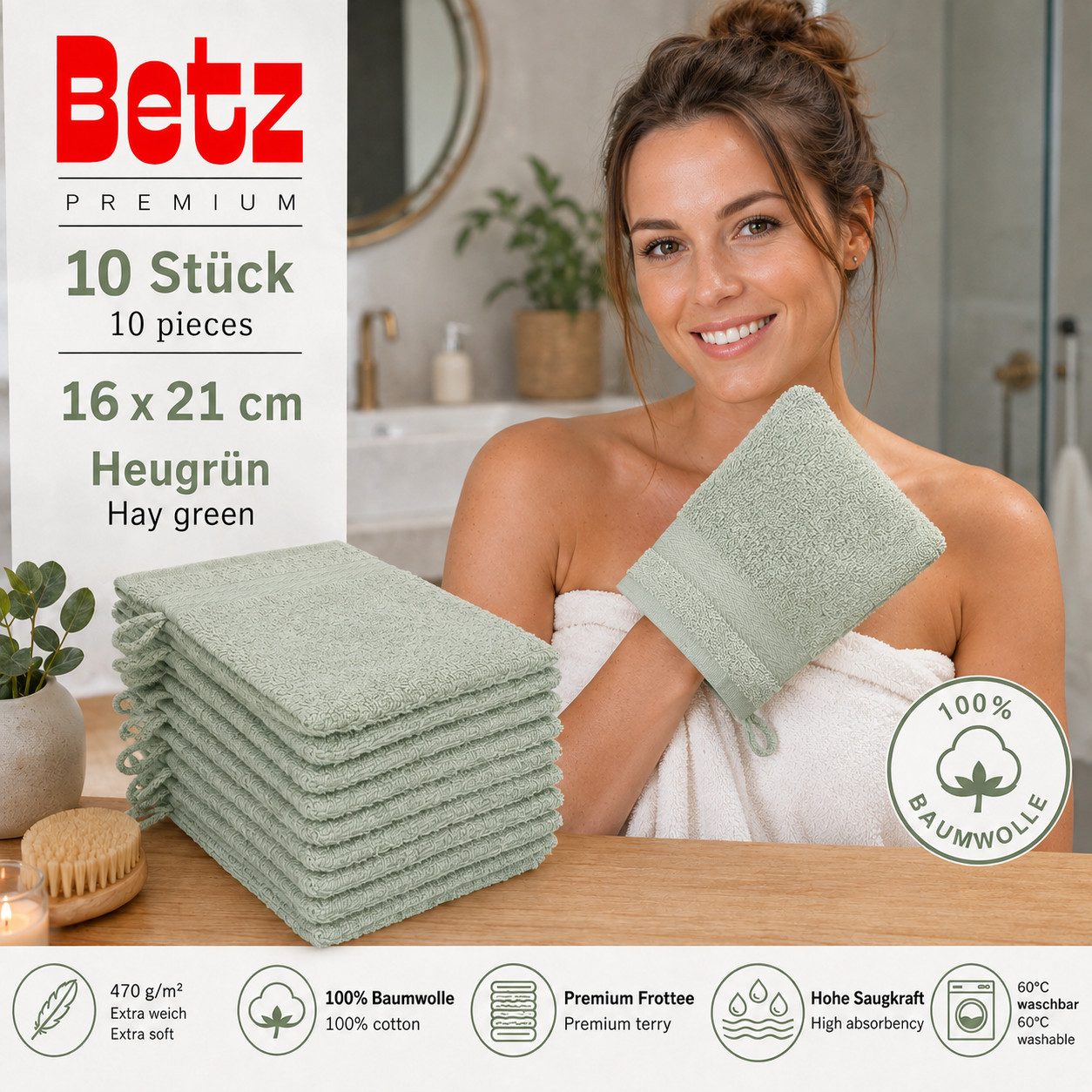 Betz Waschhandschuh 10-tlg. PREMIUM Größe 16 cmx21 cm, Baumwolle (Set, 10-St), 100% baumwolle – Bild 2 von 5